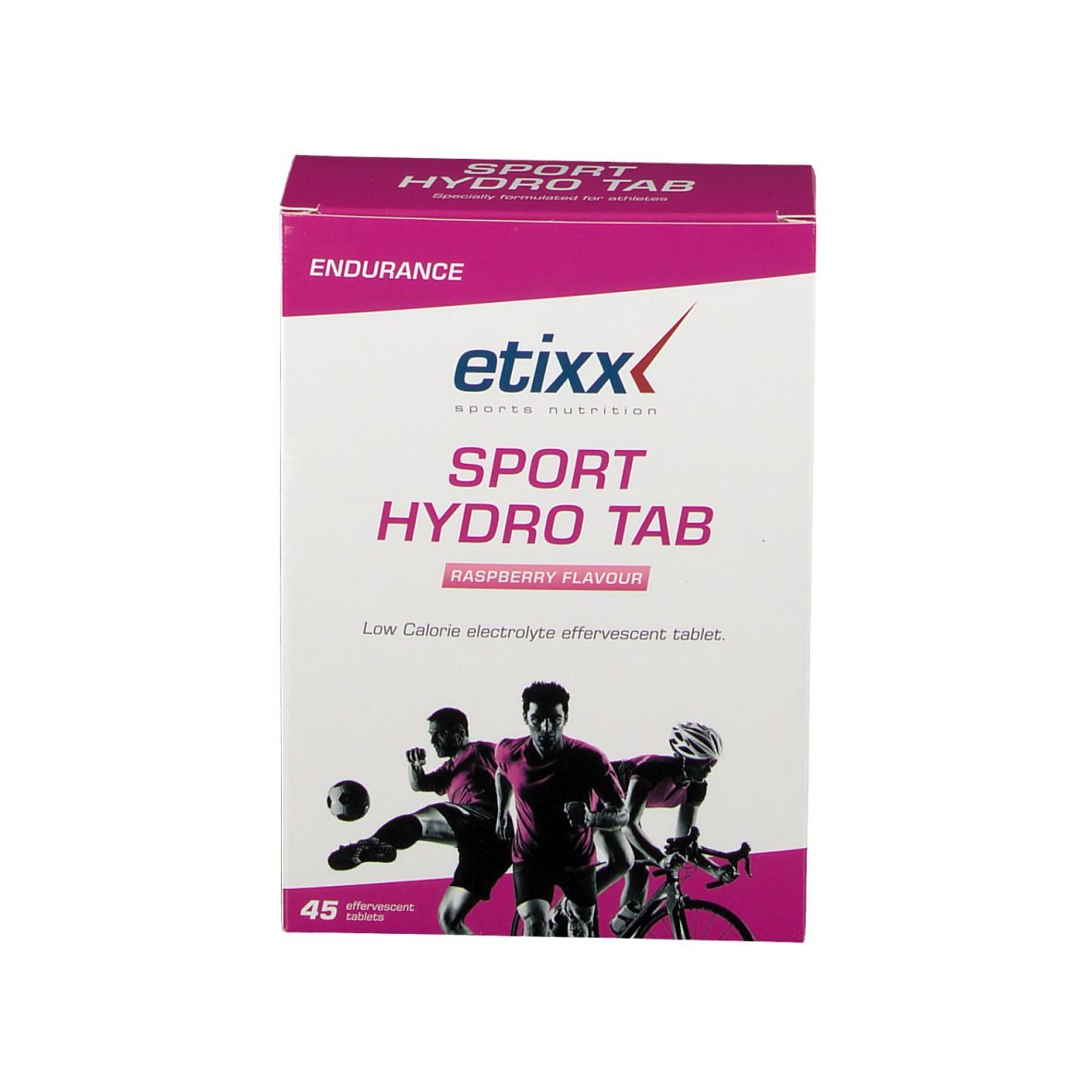 Productverpakking met "etixx SPORT HYDRO TAB". Afgebeeld zijn sporters.