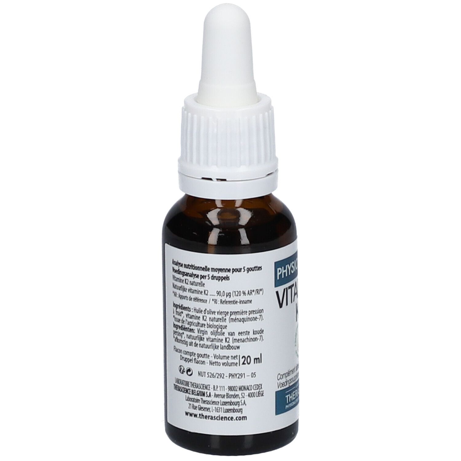 Flacon en verre brun avec bouchon blanc et pipette. Étiquette avec informations. Inscription: PHYSIOMANCE VITAMINE K2. 20 ml.