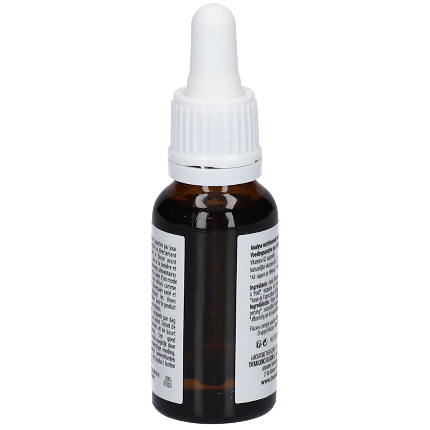 Flacon en verre brun avec bouchon blanc et pipette. Étiquette avec informations. Inscription: PHYSIOMANCE VITAMINE K2. 20 ml.