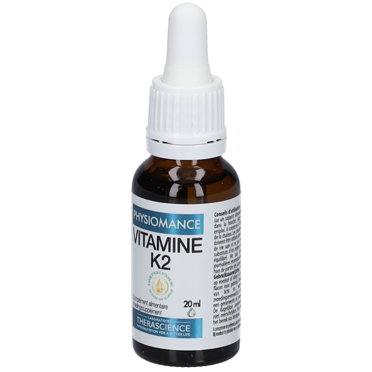 Flacon en verre brun avec bouchon blanc et pipette. Inscription: PHYSIOMANCE VITAMINE K2. 20 ml.