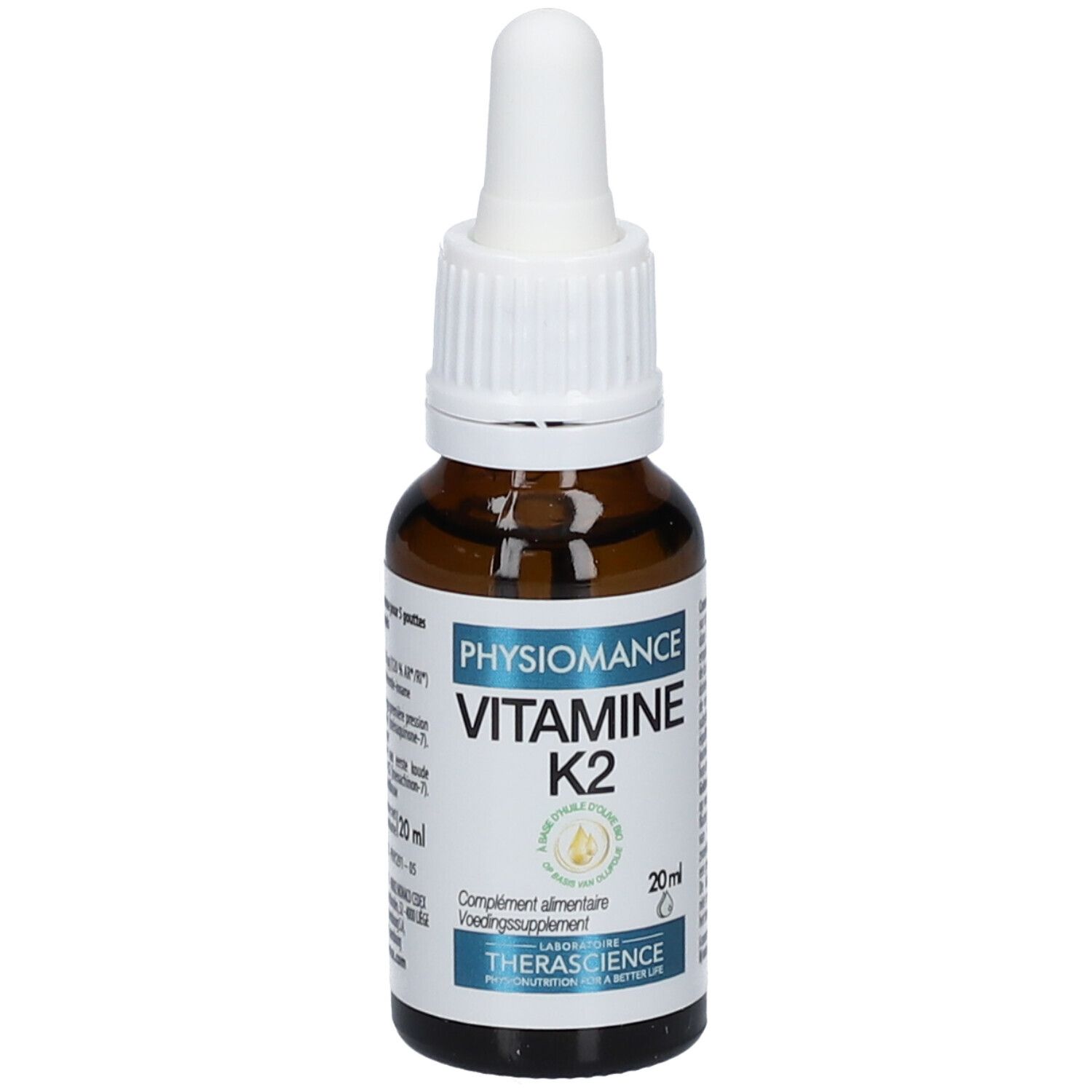 Flacon en verre brun avec bouchon blanc et pipette. Inscription: PHYSIOMANCE VITAMINE K2. 20 ml.