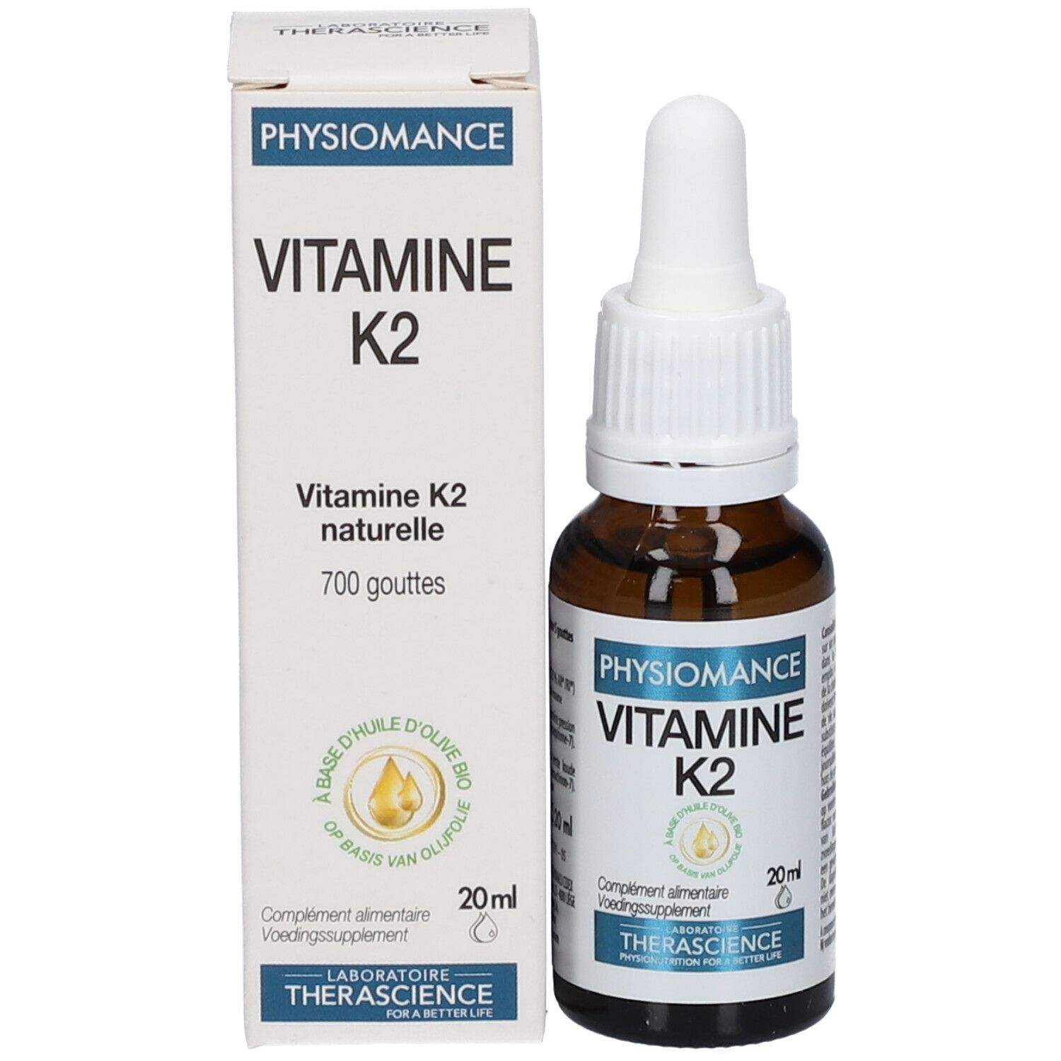 Flacon en verre brun et boîte. Inscription: PHYSIOMANCE VITAMINE K2. 20 ml. Boîte: 700 gouttes.