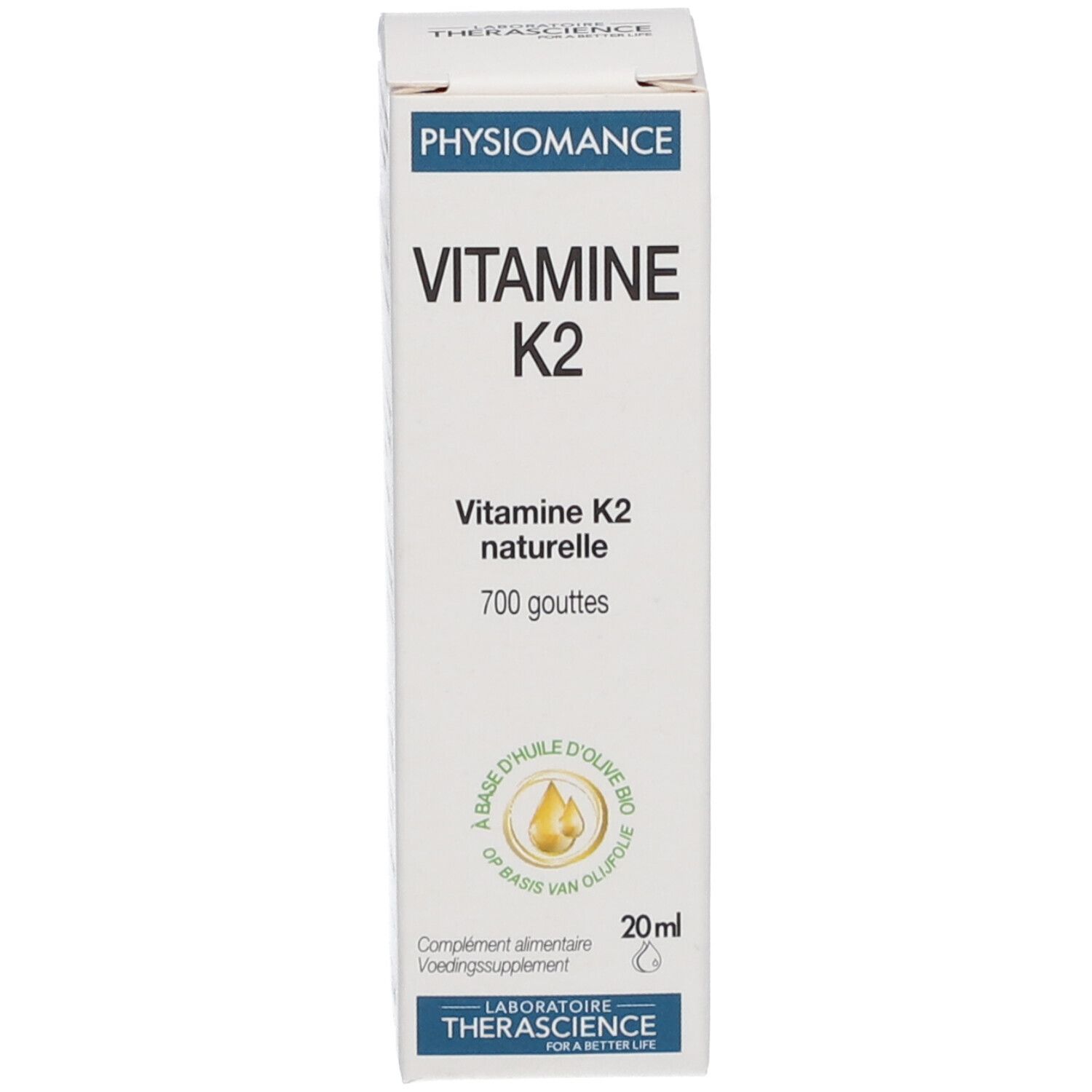 Boîte avec inscription: PHYSIOMANCE VITAMINE K2. 700 gouttes. Flacon: 20 ml.