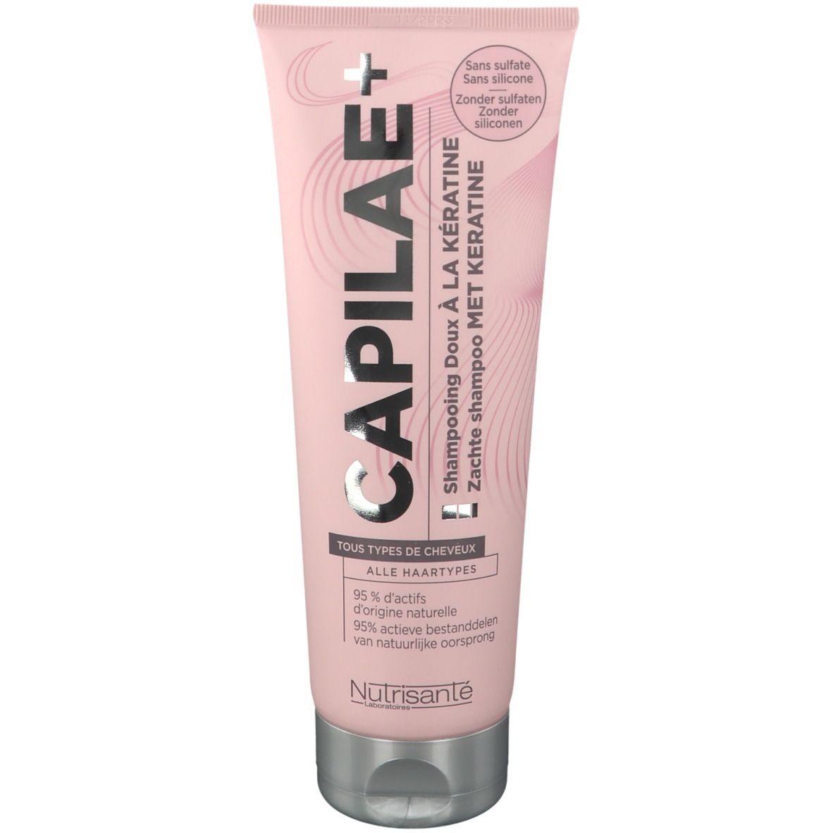 Tube rose "CAPILAE+". Texte: "Shampooing Doux à la Kératine". Sans sulfates, sans silicone. Marque Nutrisanté.