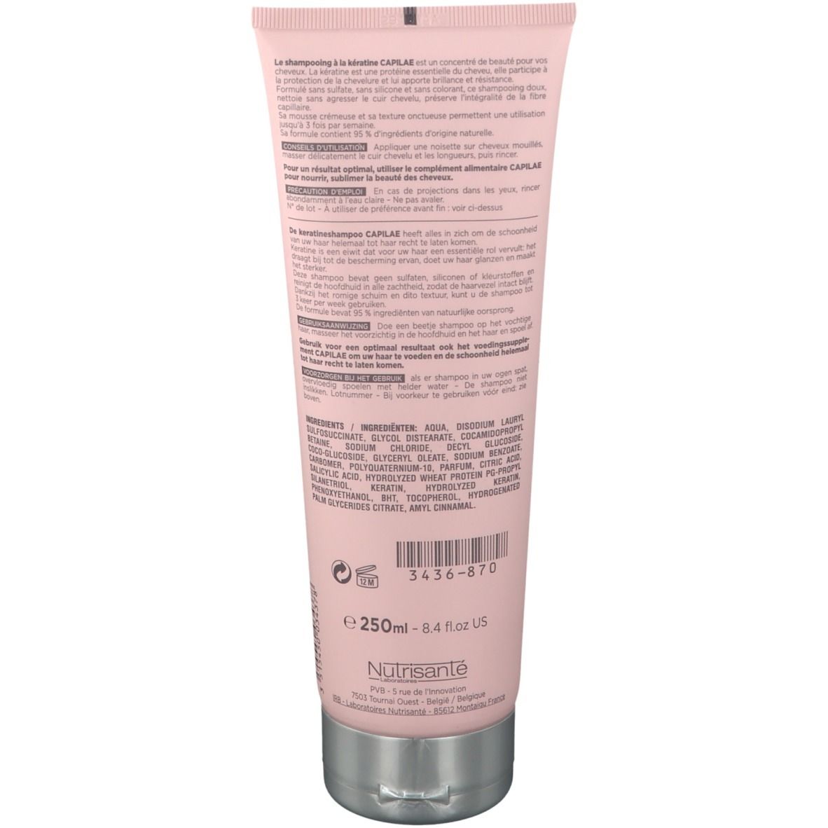 Dos du tube rose. Texte: "Shampooing Doux à la Kératine". Ingrédients, numéro de lot, volume 250ml, marque Nutrisanté.