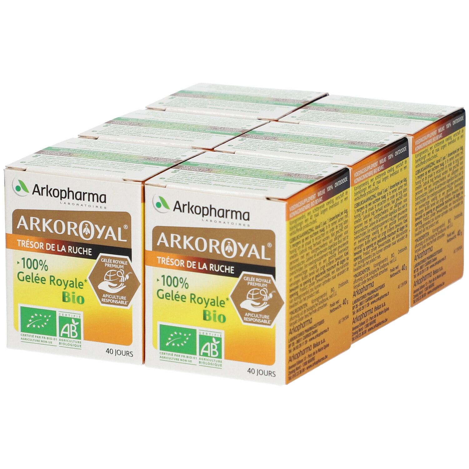 Plusieurs boîtes Arkopharma ARKOROYAL® Gelée Royale Bio. Face avant avec logo, nom du produit, label bio et texte.