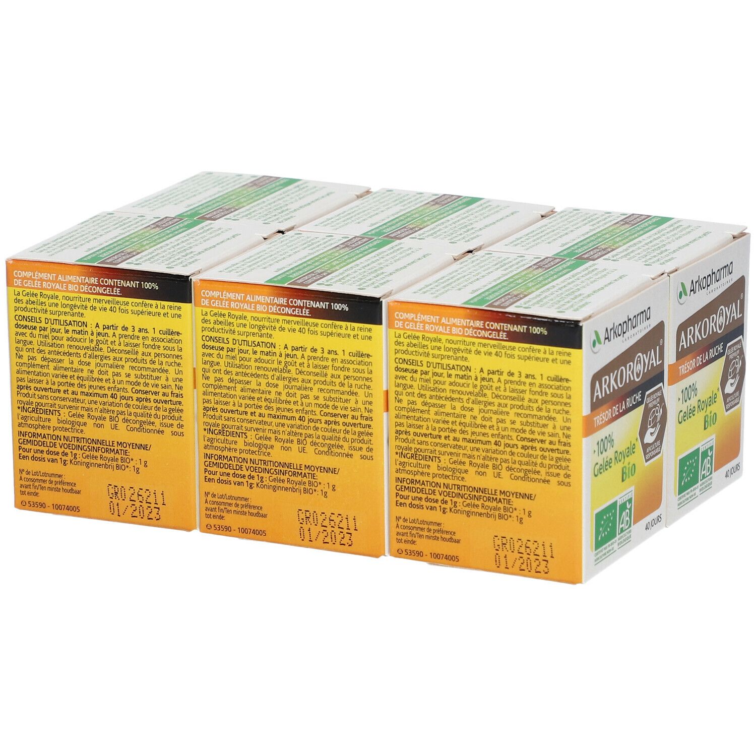 Plusieurs boîtes Arkopharma ARKOROYAL® Gelée Royale Bio. Dos avec texte, ingrédients et date de péremption.