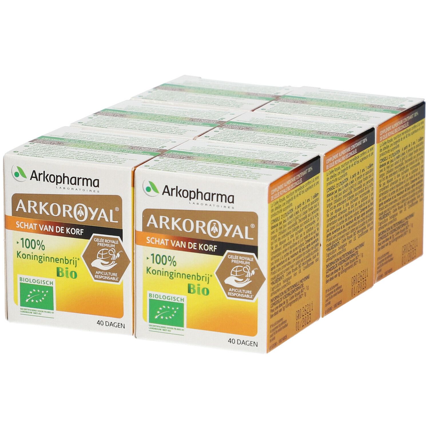 Plusieurs boîtes Arkopharma ARKOROYAL® Gelée Royale Bio. Face avant avec logo, nom du produit, label bio et texte.