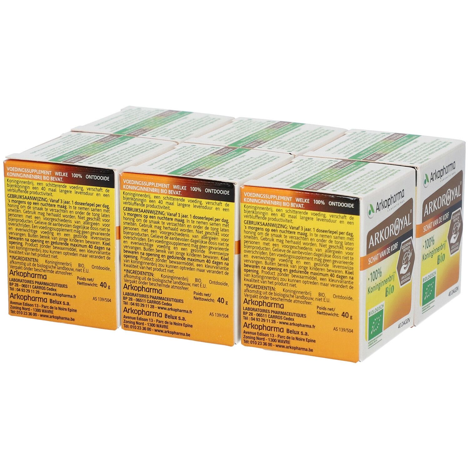 Plusieurs boîtes Arkopharma ARKOROYAL® Gelée Royale Bio. Dos avec texte, ingrédients et date de péremption.