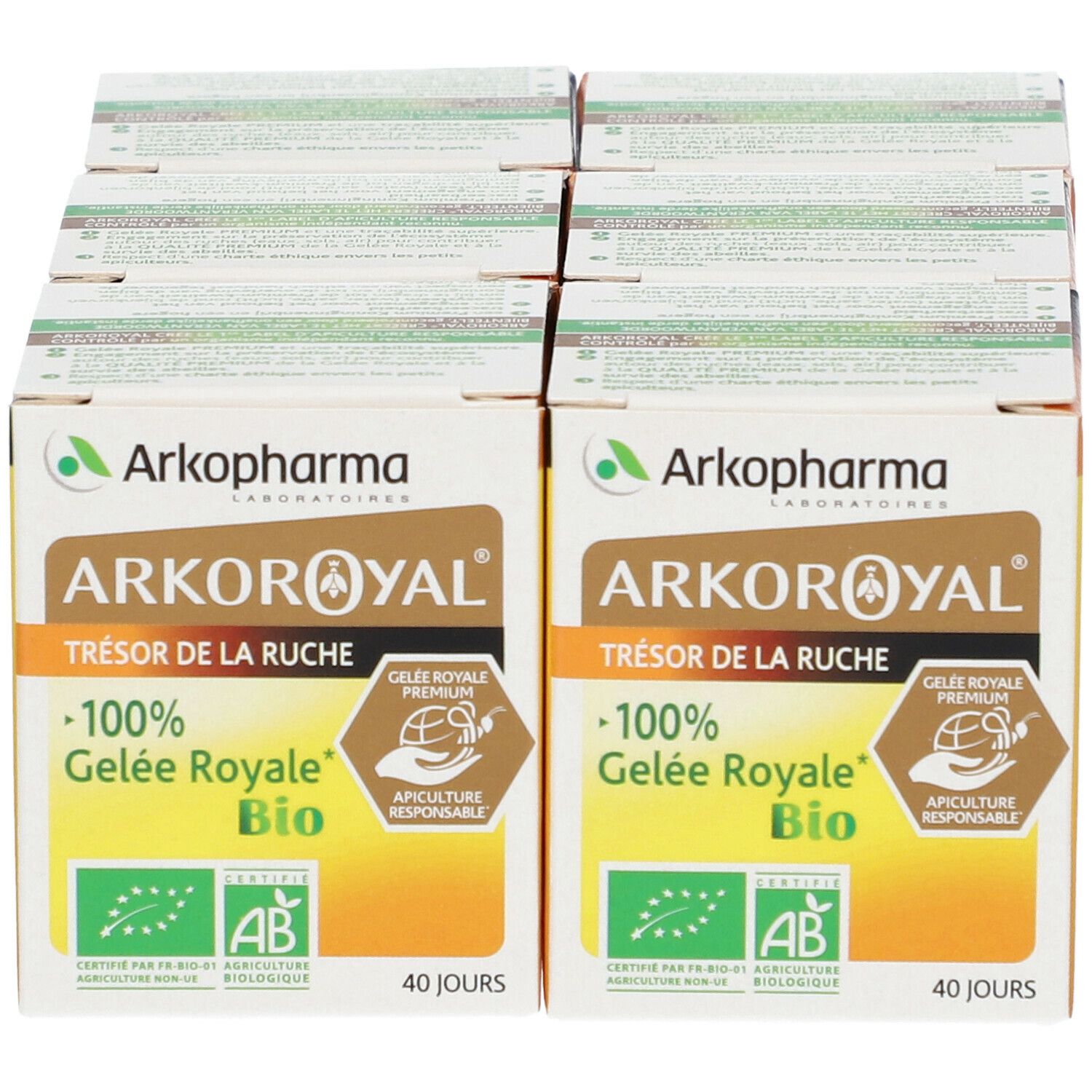 Plusieurs boîtes Arkopharma ARKOROYAL® Gelée Royale Bio. Face avant avec logo, nom du produit, label bio et texte.