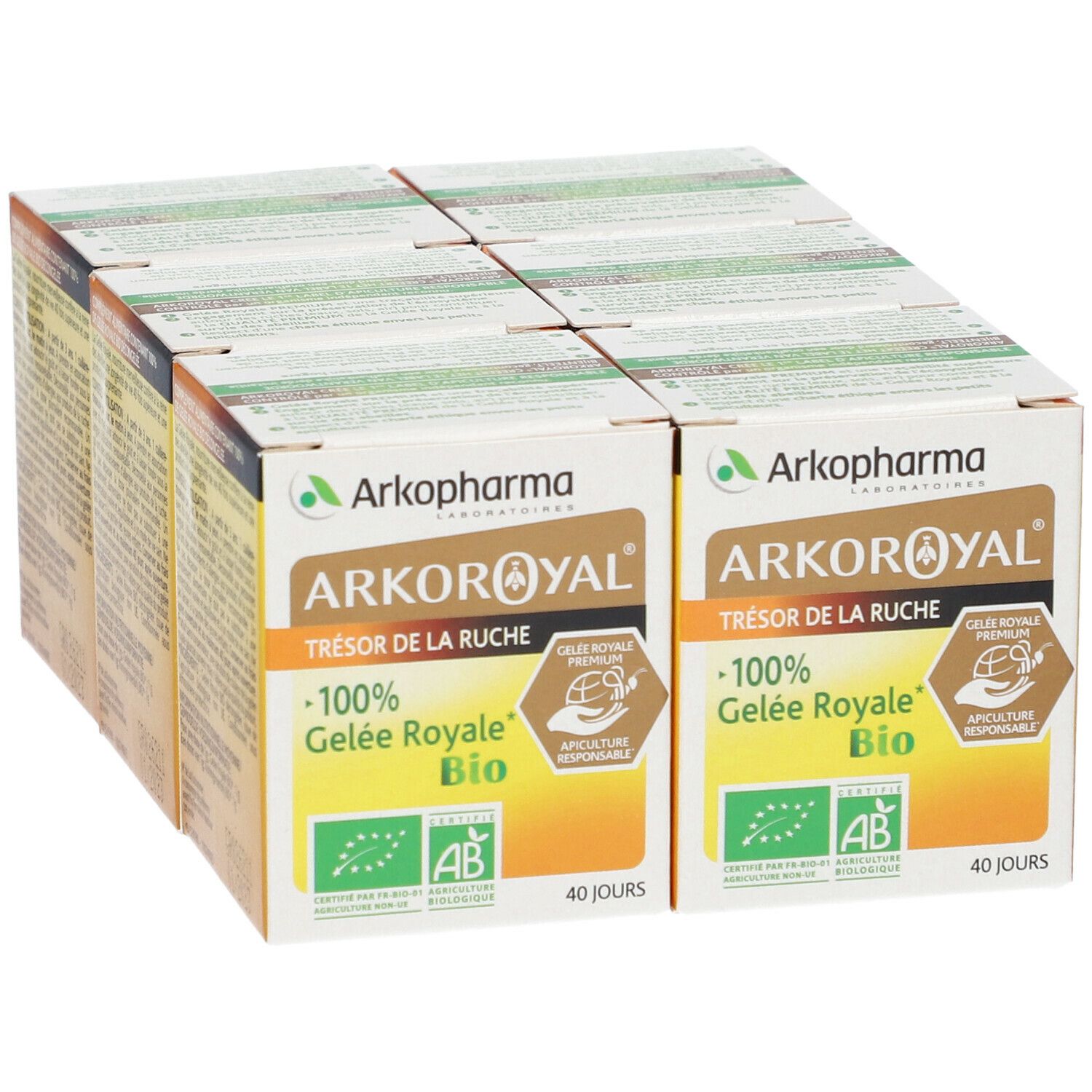 Plusieurs boîtes Arkopharma ARKOROYAL® Gelée Royale Bio. Face avant avec logo, nom du produit, label bio et texte.