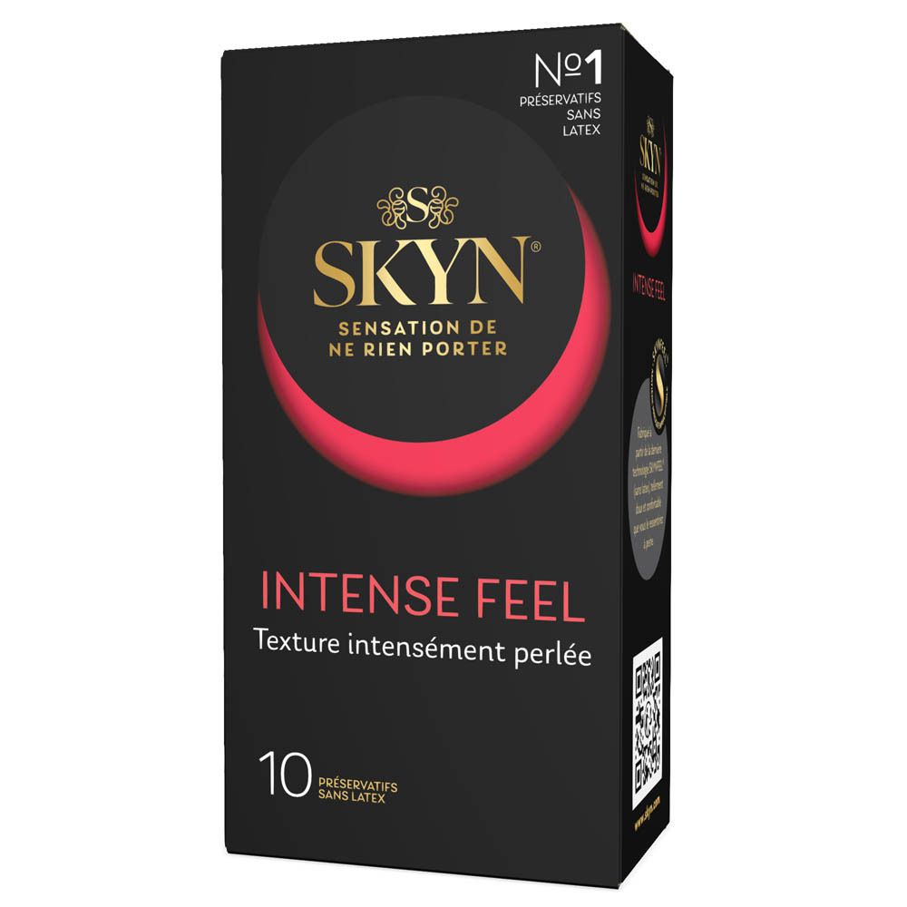 Boîte noire de préservatifs. Inscription : SKYN, Intense Feel, 10 pièces. N°1 sans latex.