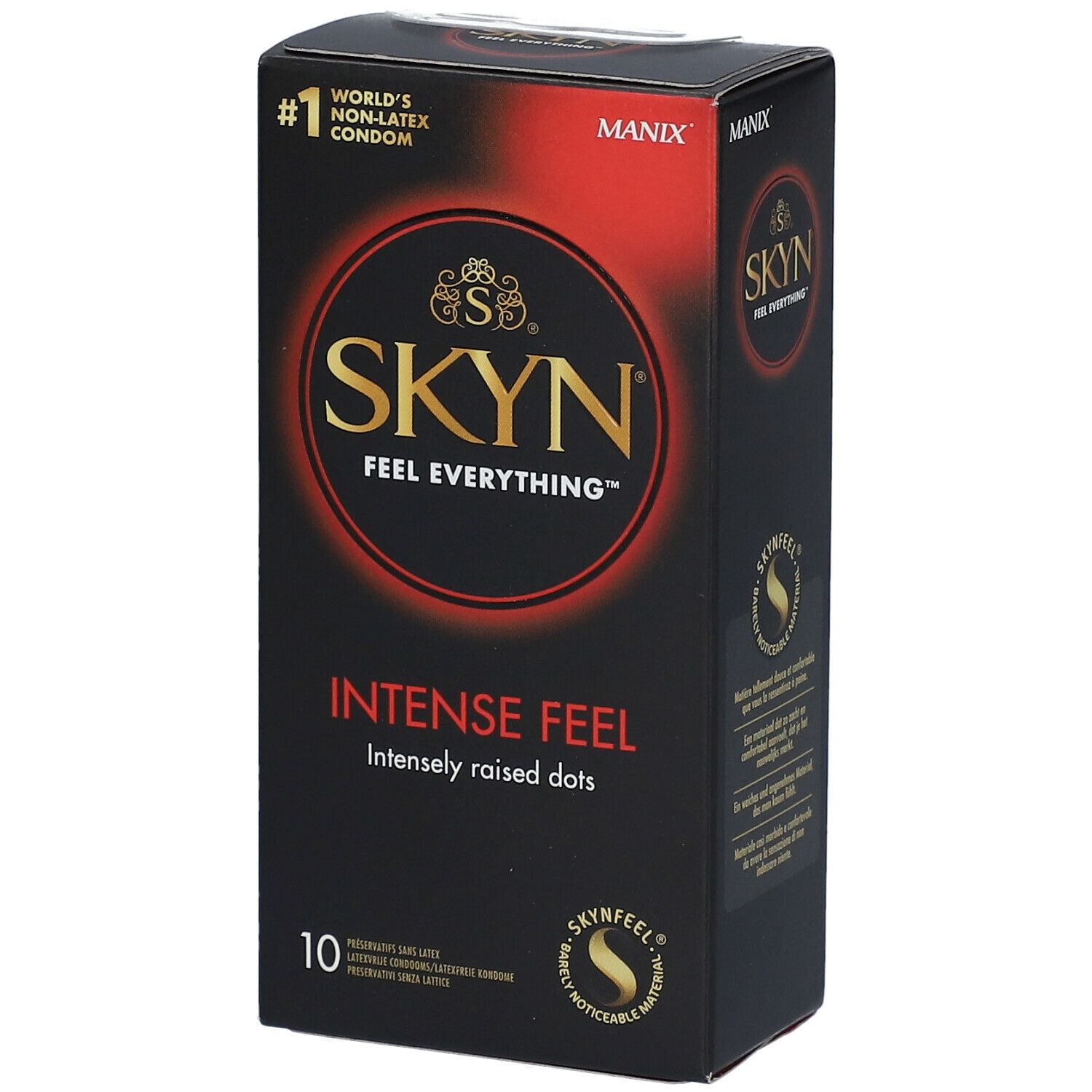 Boîte noire de préservatifs. Inscription : SKYN, Intense Feel, 10 pièces. N°1 préservatif sans latex.