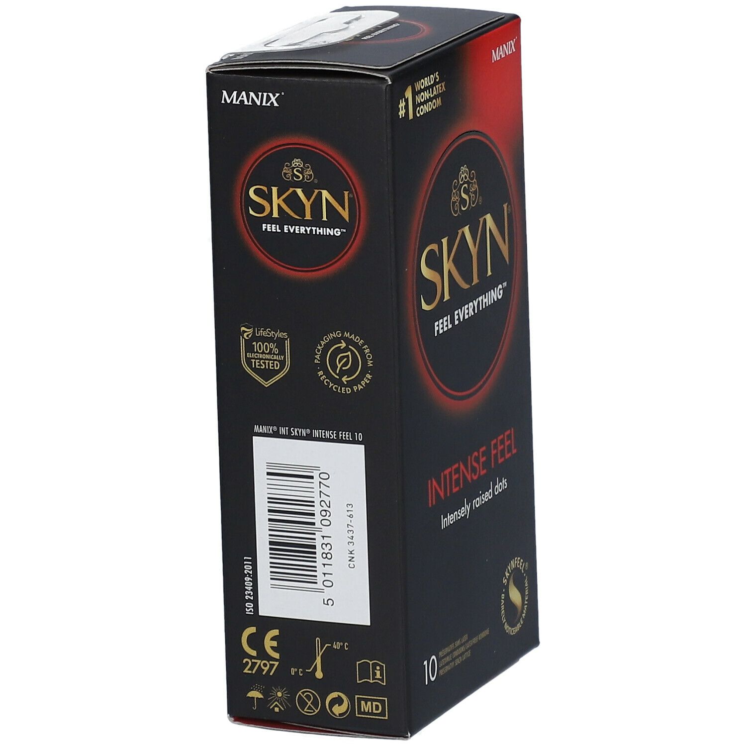 Boîte noire de préservatifs. Inscription : SKYN, Intense Feel, 10 pièces. Code-barres et certifications.