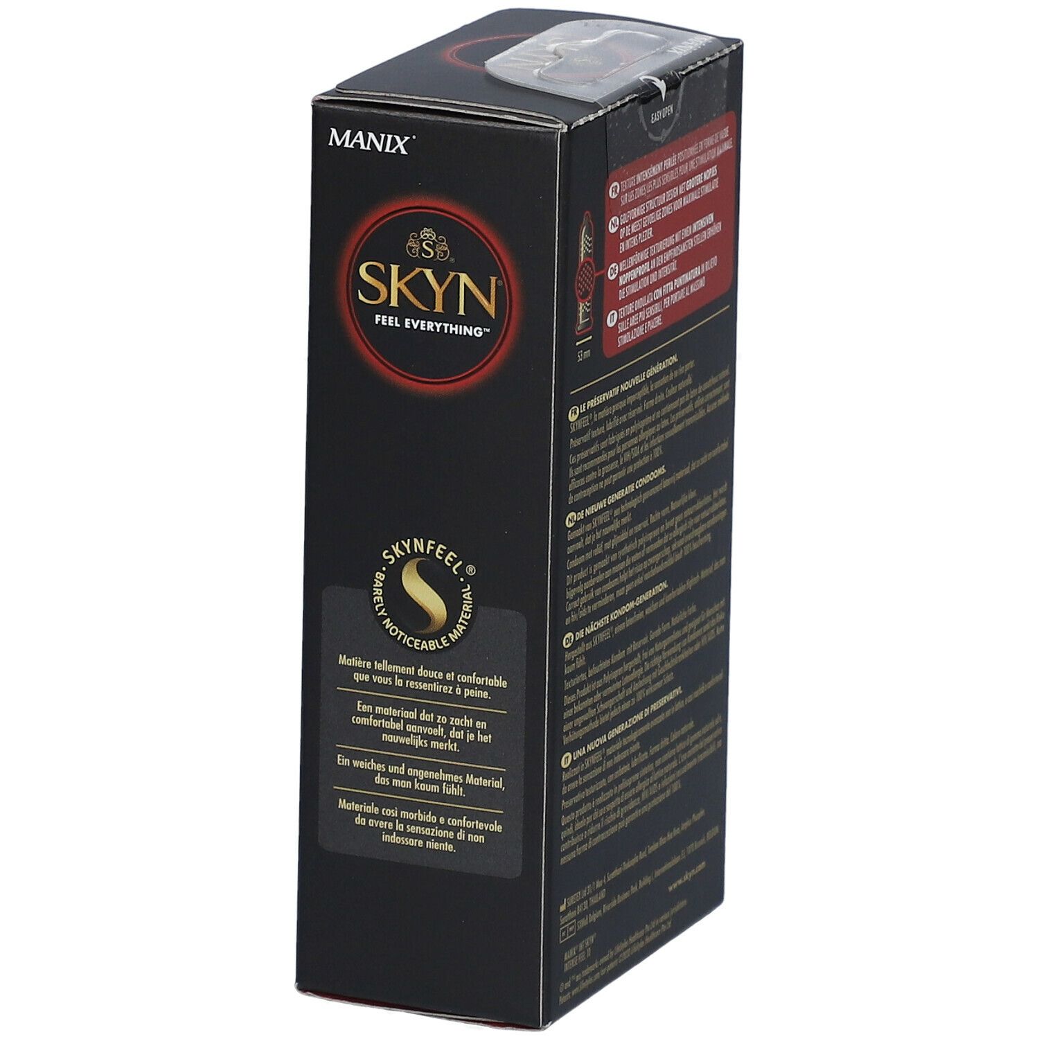Boîte noire de préservatifs. Inscription : SKYN, Intense Feel. Description du matériau et certifications.