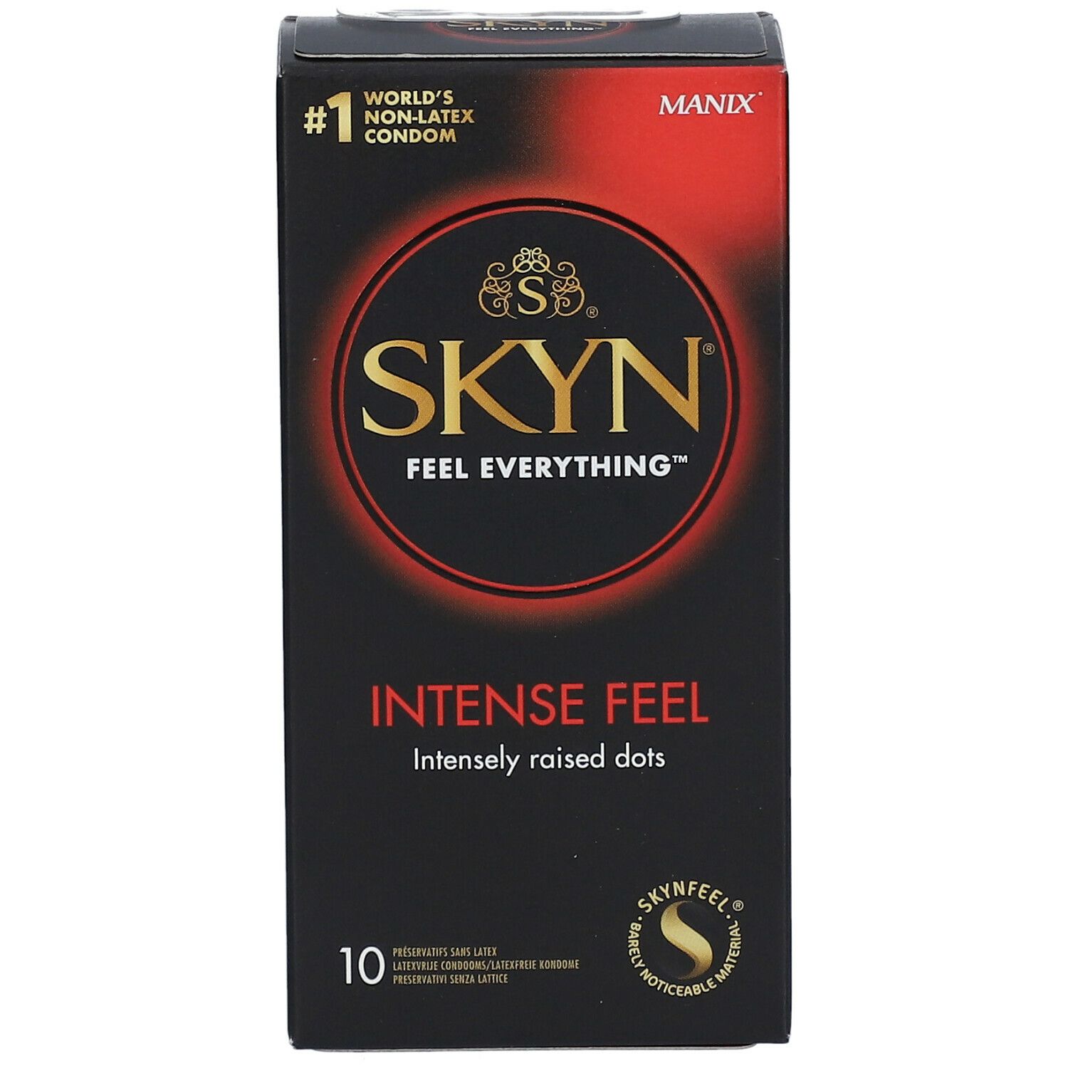 Boîte noire de préservatifs. Inscription : SKYN, Intense Feel, 10 pièces. N°1 préservatif sans latex.