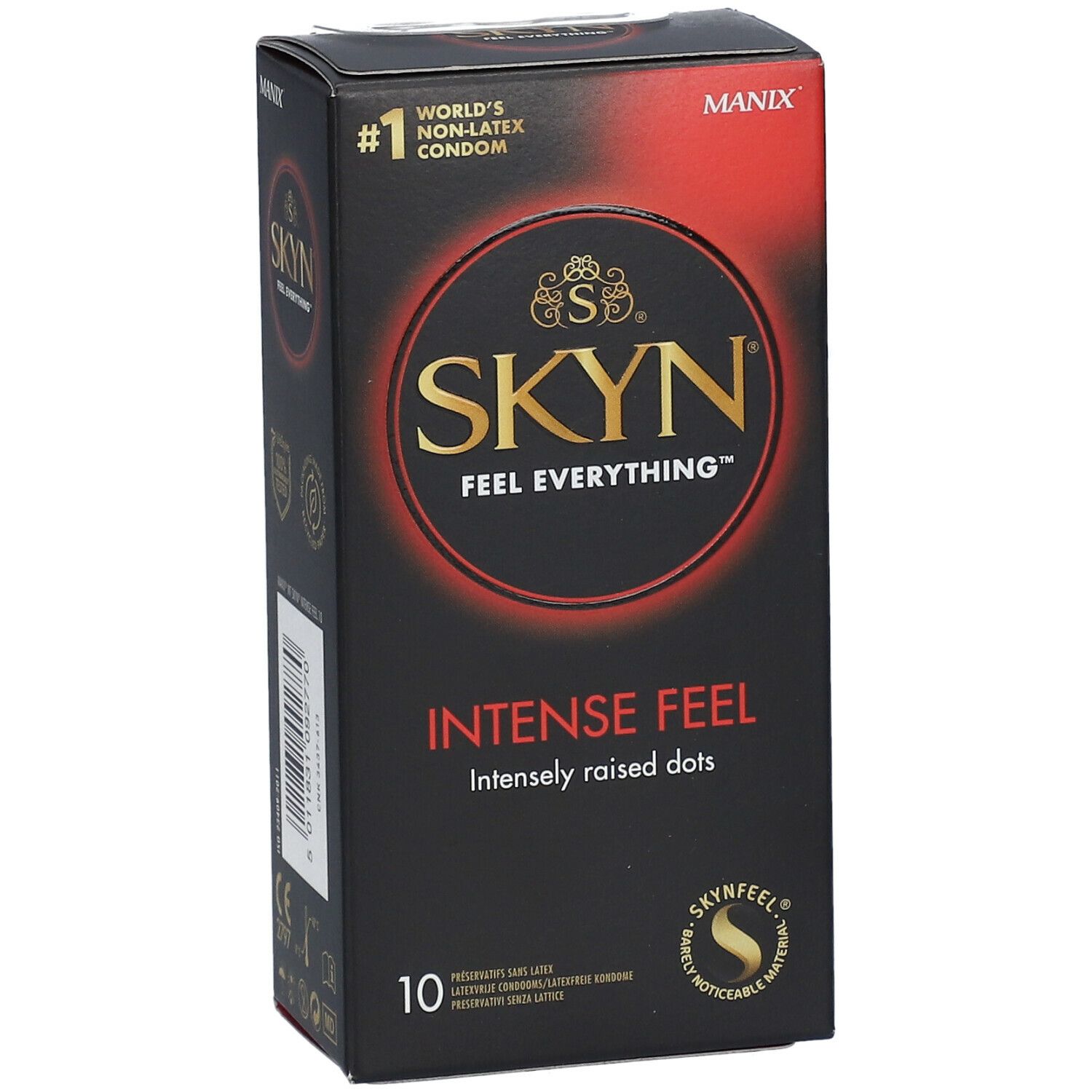 Boîte noire de préservatifs. Inscription : SKYN, Intense Feel, 10 pièces. N°1 préservatif sans latex.