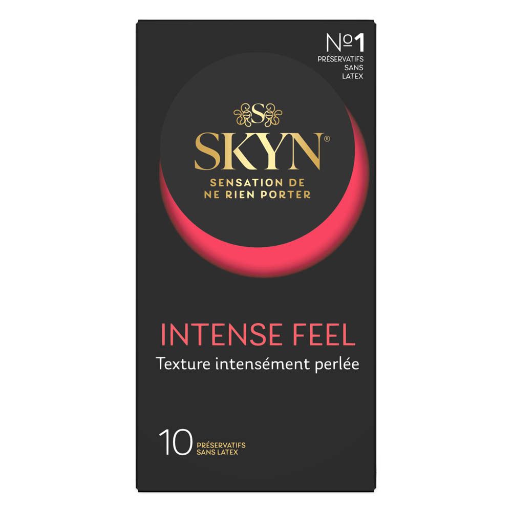 Boîte noire de préservatifs. Inscription : SKYN, Intense Feel, 10 pièces. N°1 sans latex.