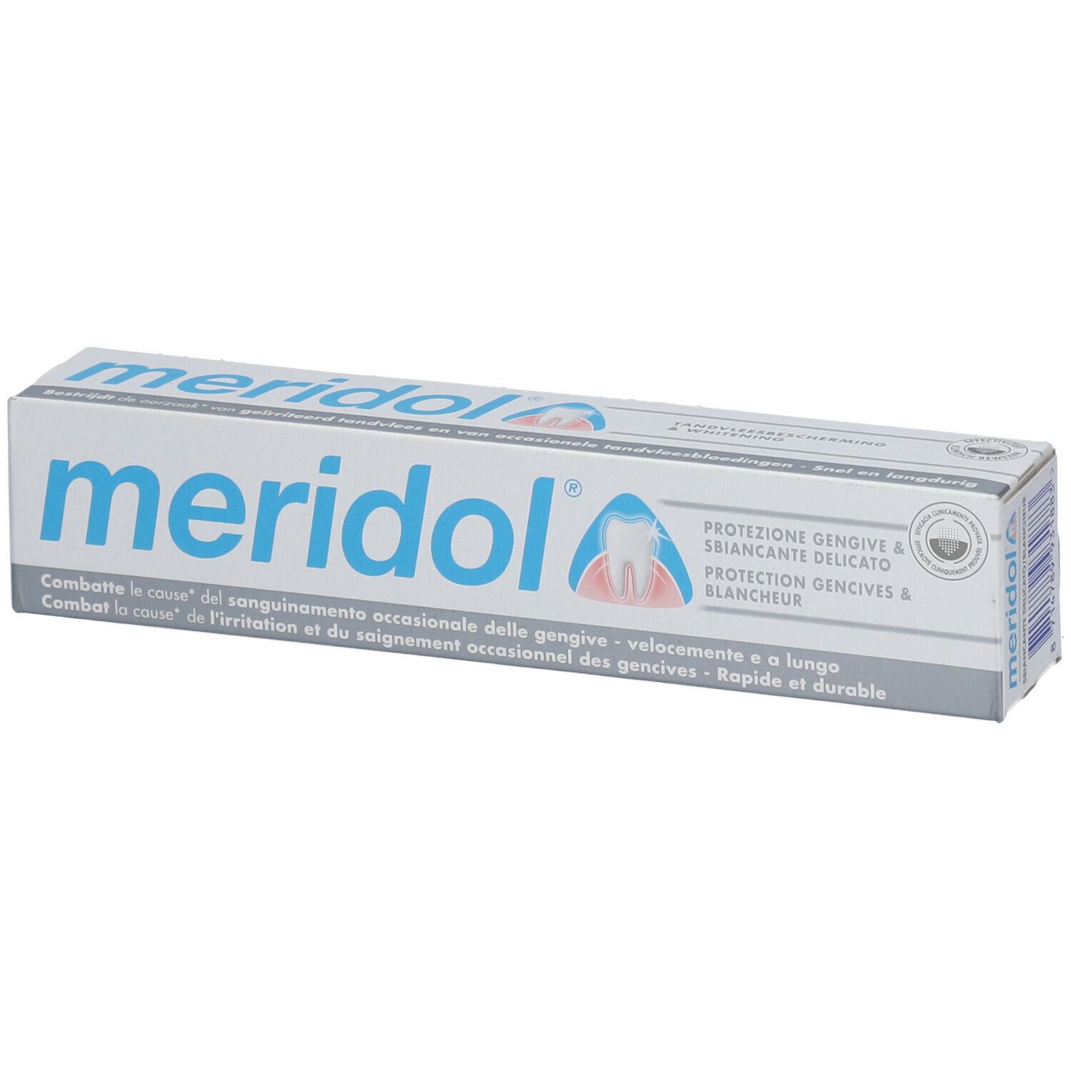 Tandpasta verpakking "meridol". Bescherming van het tandvlees en zachte whitening. Meertalige tekst.