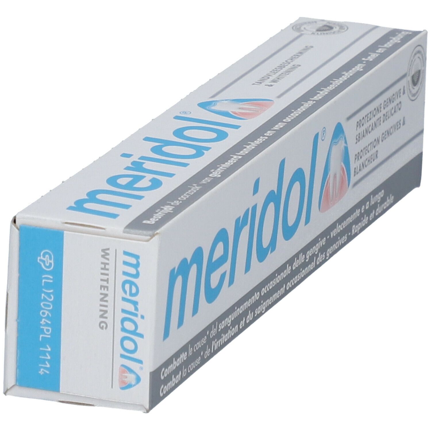Tandpasta verpakking "meridol Whitening". Blauwe en witte kleuren. Tekst in meerdere talen.
