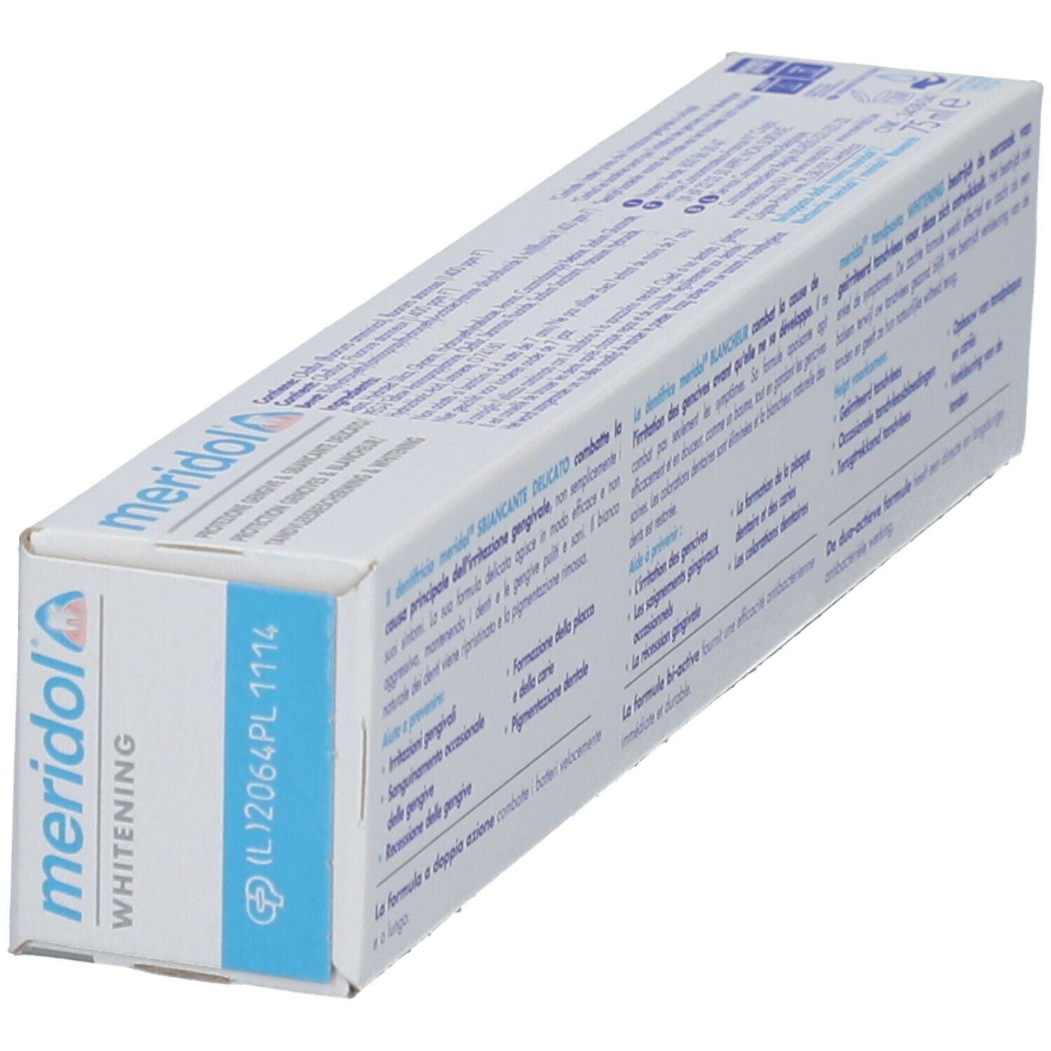 Tandpasta verpakking "meridol Whitening". Blauwe en witte kleuren. Tekst in meerdere talen.