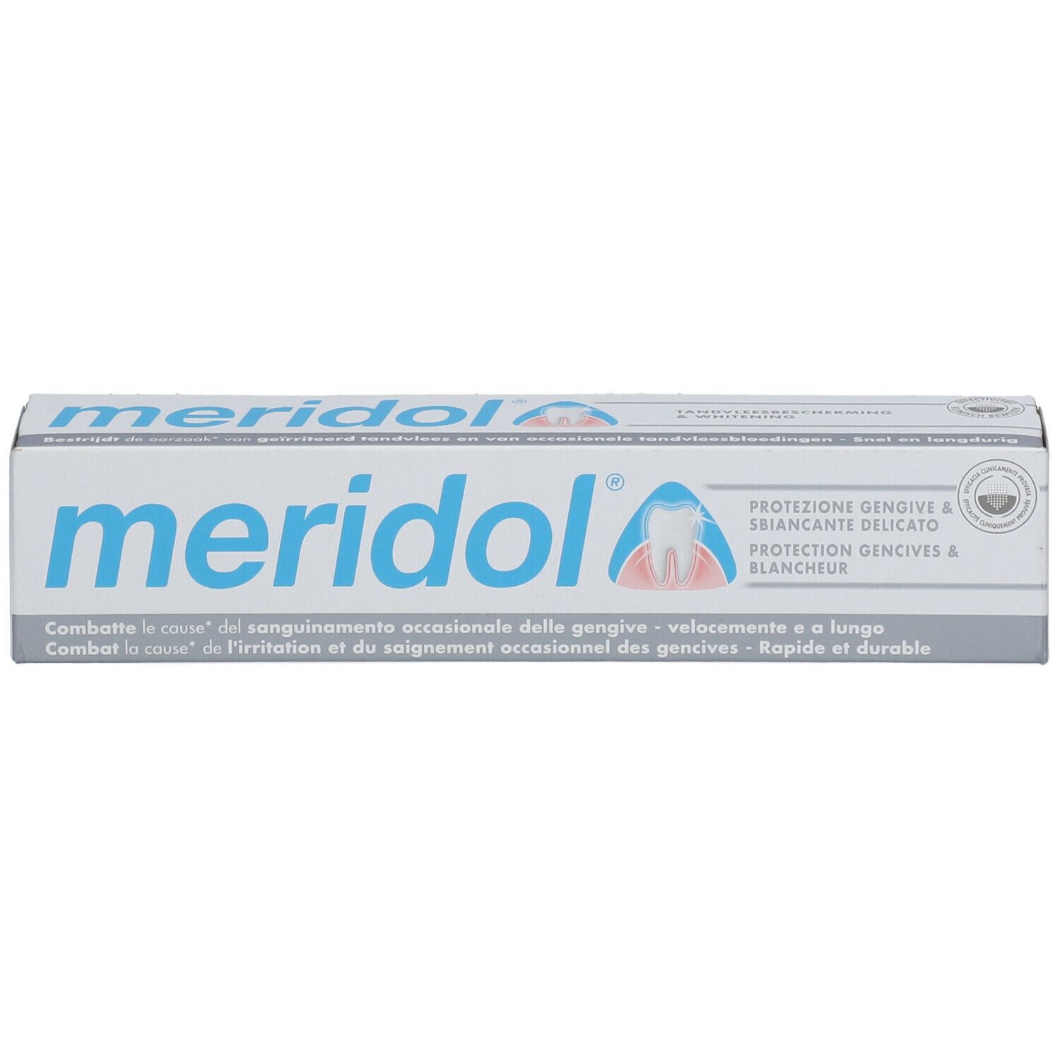 Tandpasta verpakking "meridol". Logo en productinformatie. Bescherming van het tandvlees en whitening.