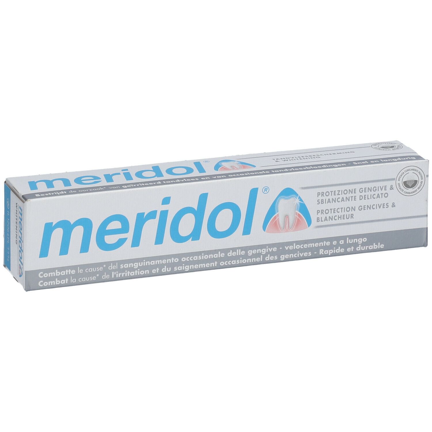 Tandpasta verpakking "meridol". Logo en productinformatie. Bescherming van het tandvlees en whitening.