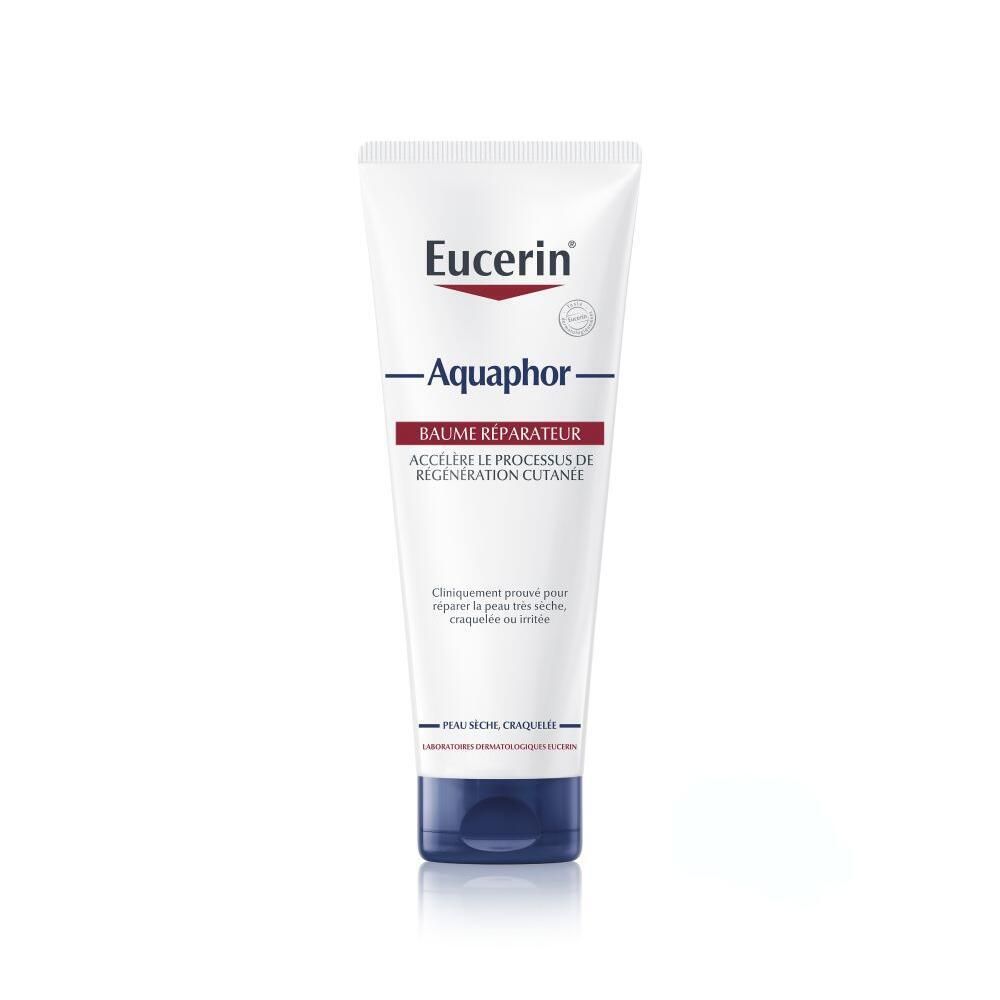 Tube blanche Eucerin® Aquaphor. Texte: Baume Réparateur. Fond bleu. Ingrédients et bénéfices. 