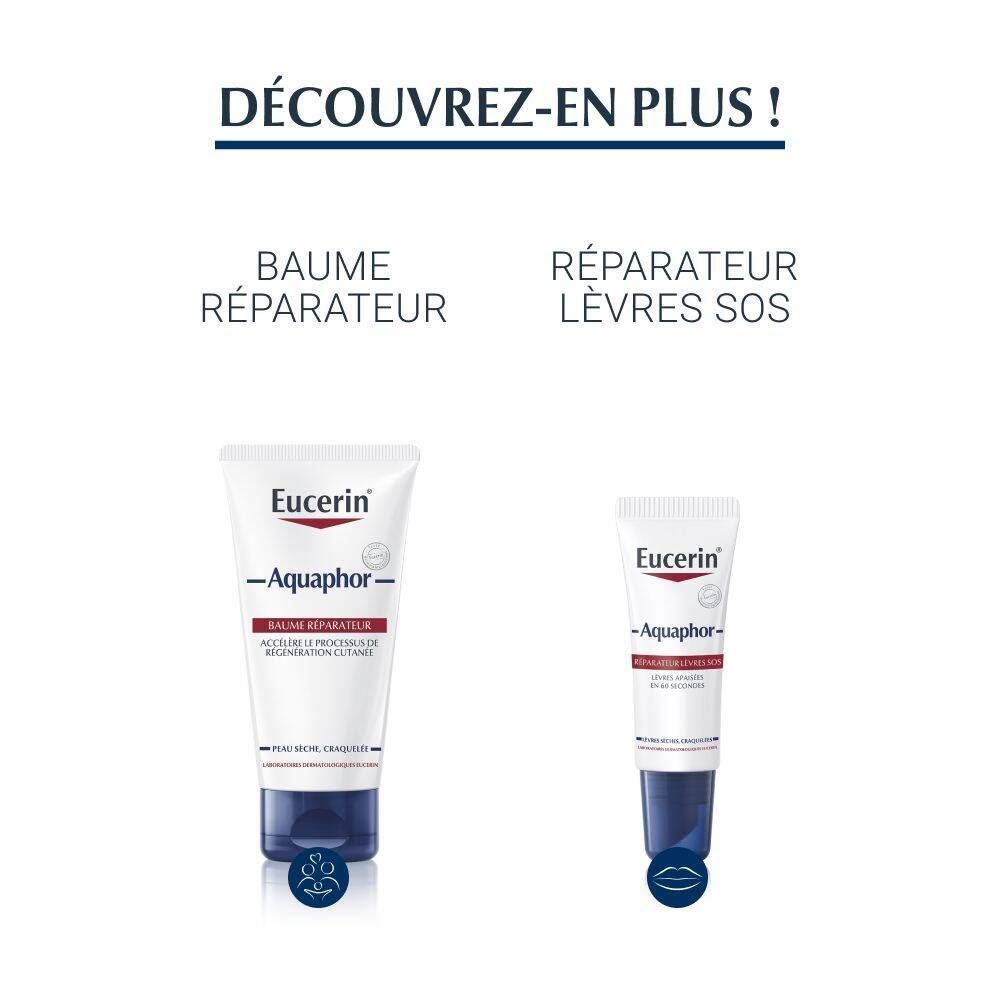 Eucerin® Aquaphor Baume Réparateur et Baume Lèvres SOS. Les deux produits en tube.