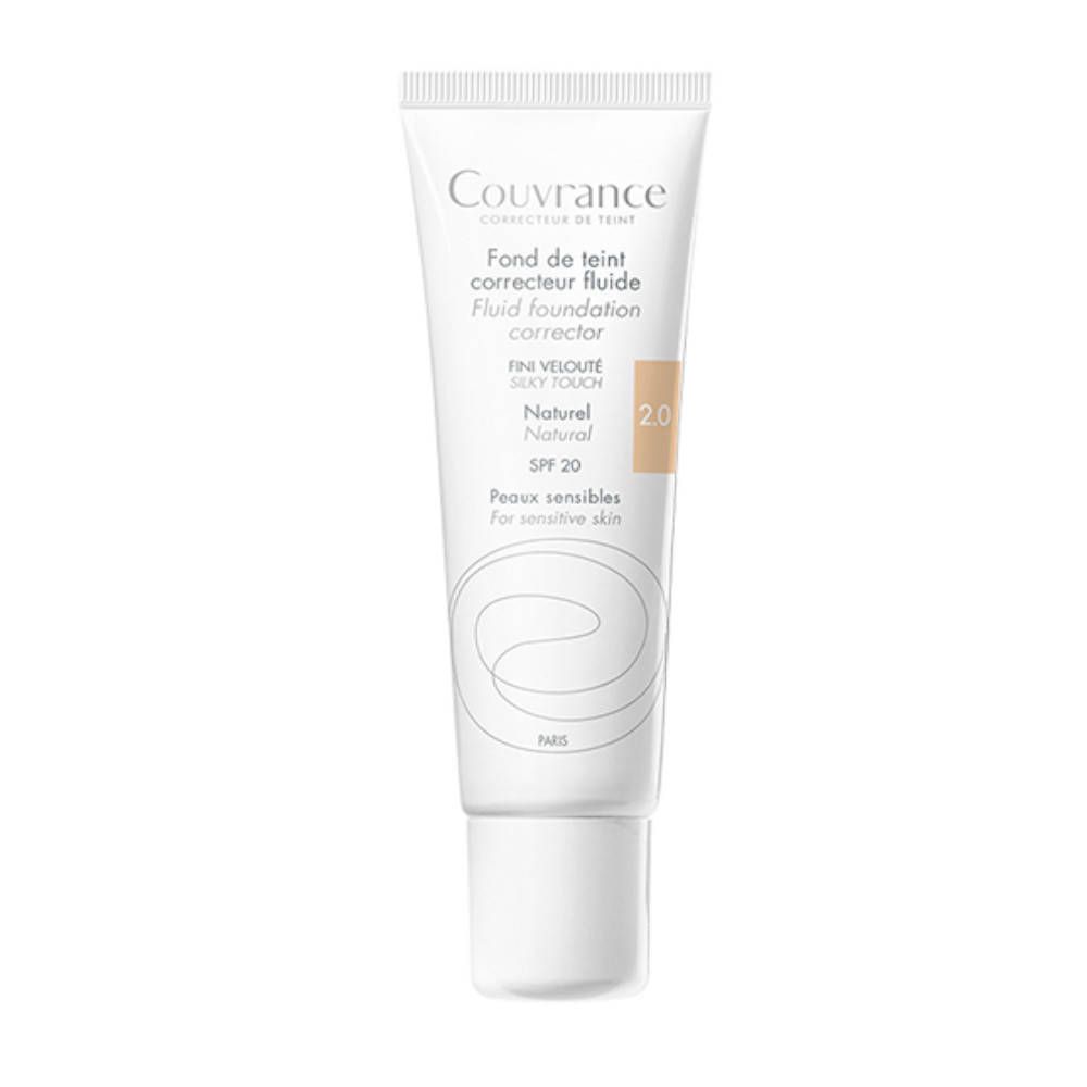 Tube de fond de teint fluide Couvrance, teinte 2.0. Tube blanc avec informations produit et indication de teinte.