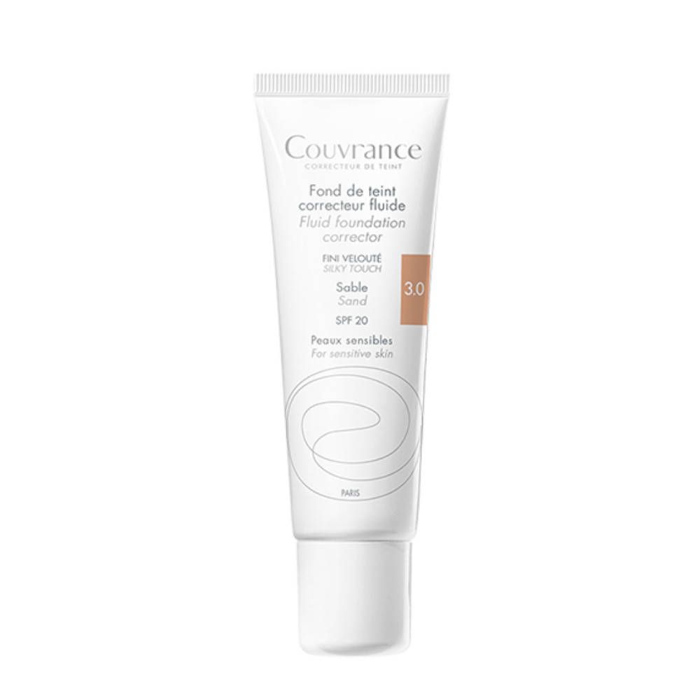 Tube Couvrance, Sand 3.0. Inscription: Fond de teint correcteur fluide. Peaux sensibles. SPF 20.