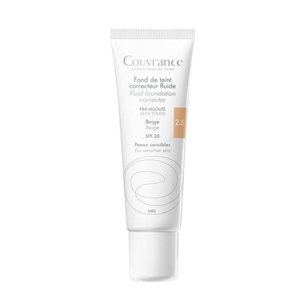 Tube de fond de teint correcteur fluide. Couleur Beige 2.5. Inscription: Couvrance, SPF 20, Peaux sensibles.