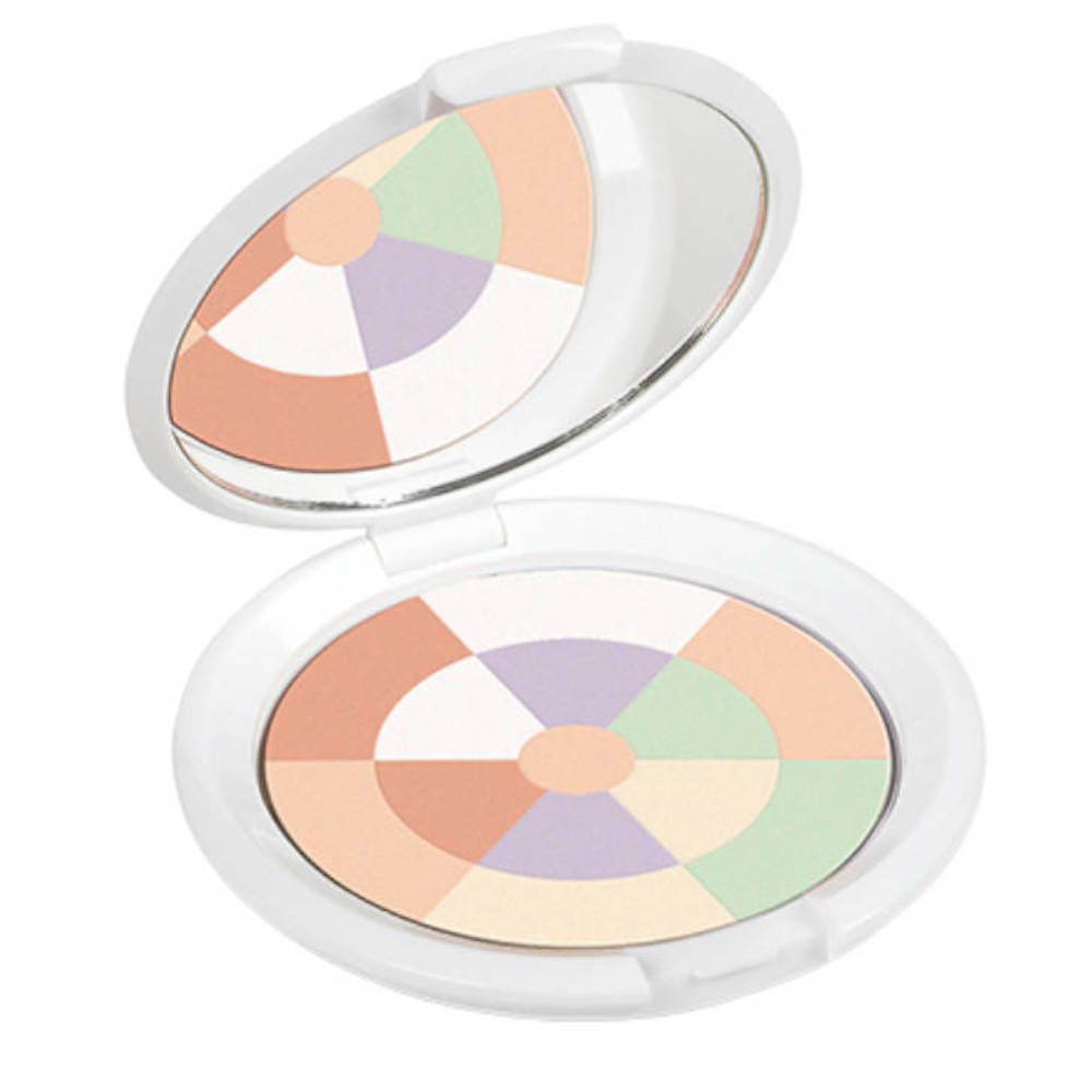 Poudre correctrice avec miroir. Segments colorés en blanc, pêche, vert et lilas. Boîtier blanc ovale.