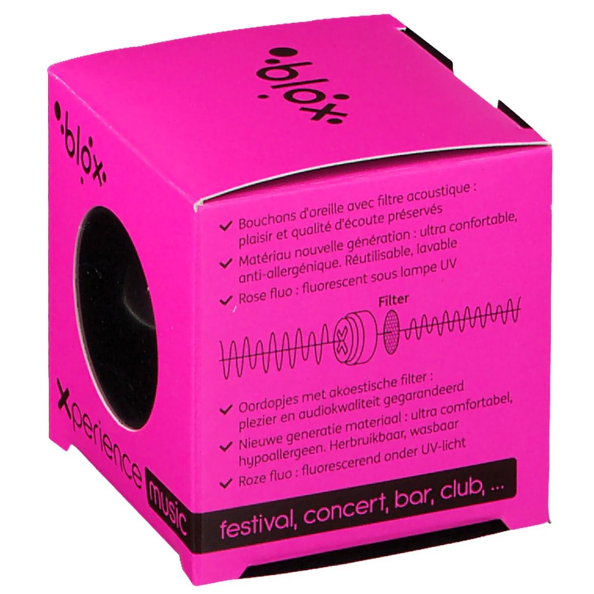Pinkfarbene Würfelverpackung mit Text in Deutsch, Französisch und Niederländisch. Produktmerkmale und Filter.