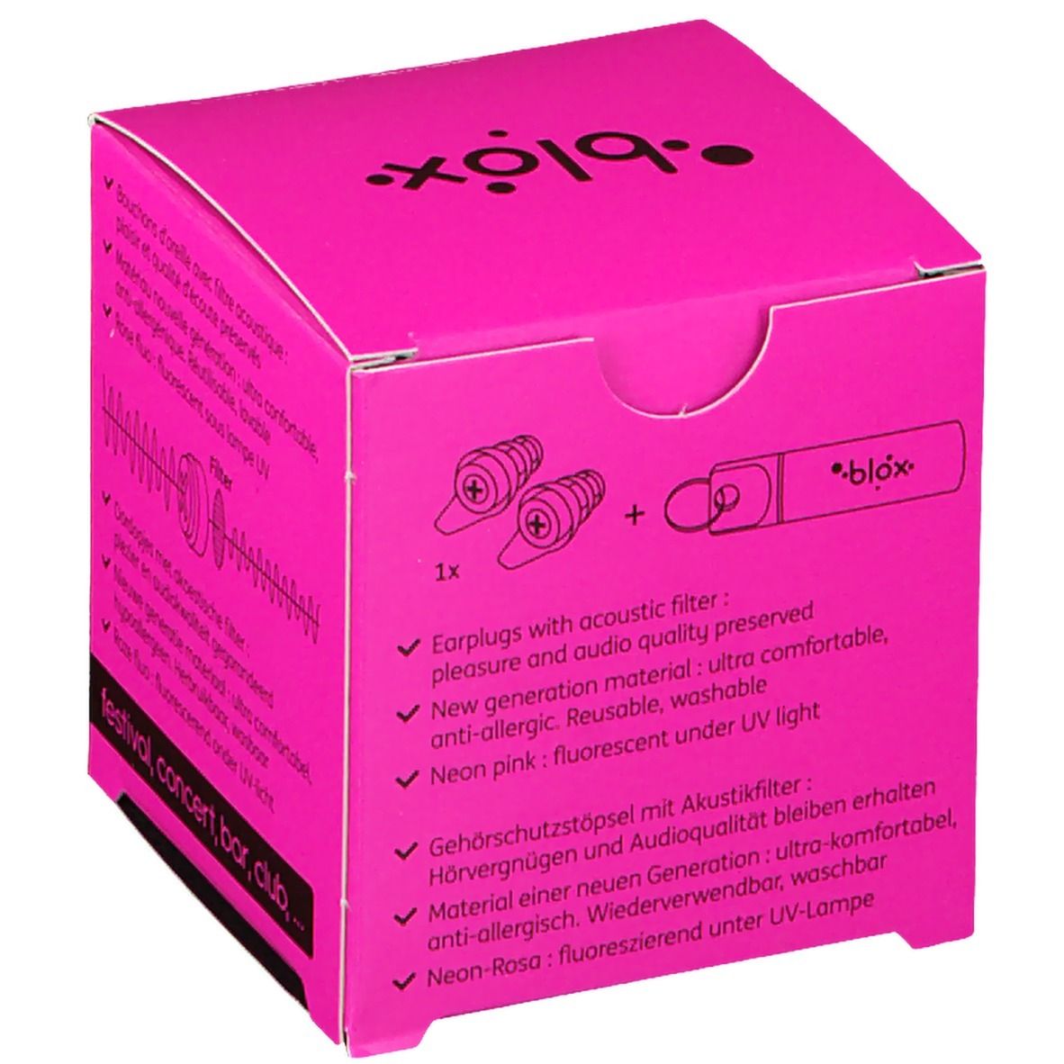 Pinkfarbene Würfelverpackung mit Ohrstöpseln und Zubehör. Text in Deutsch, Französisch und Niederländisch.
