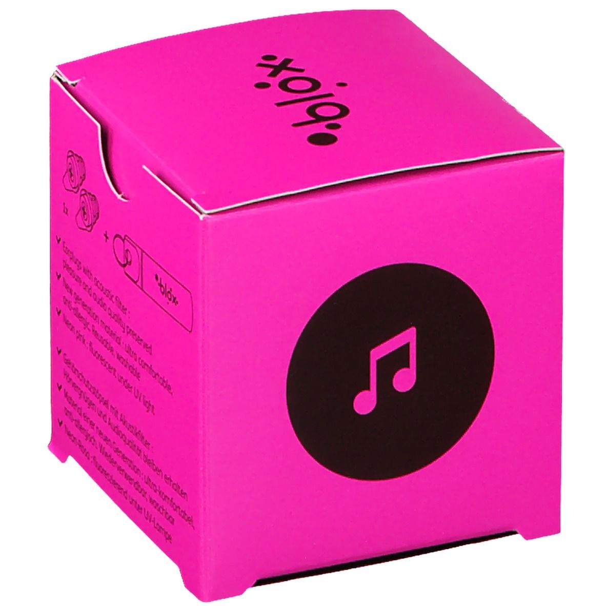 Pinkfarbene Würfelverpackung mit einem Musiknoten-Symbol. Logo und Produktname sind sichtbar.