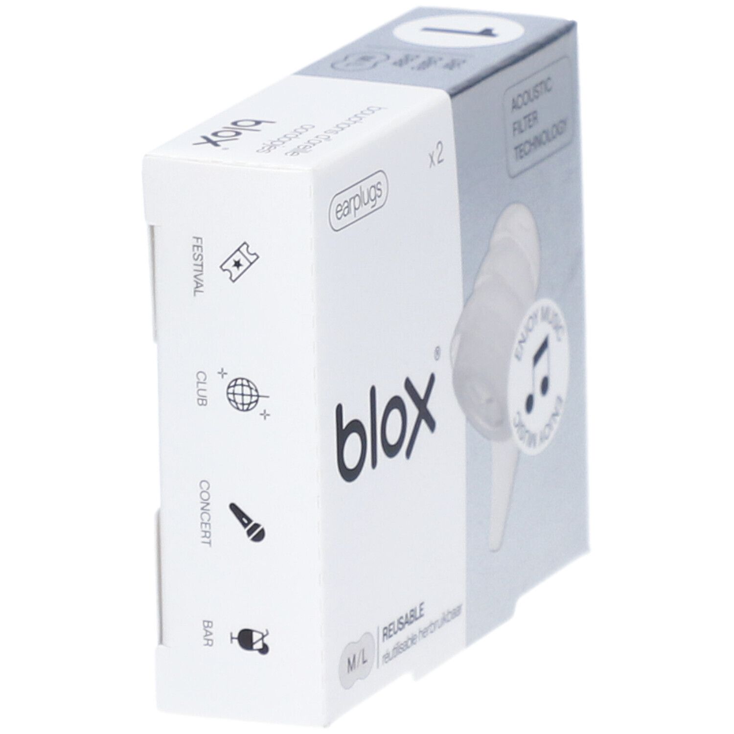 Verpackung mit zwei transparenten Ohrstöpseln. Marke: blox. M/L, wiederverwendbar. Für Konzert, Club, Festival.