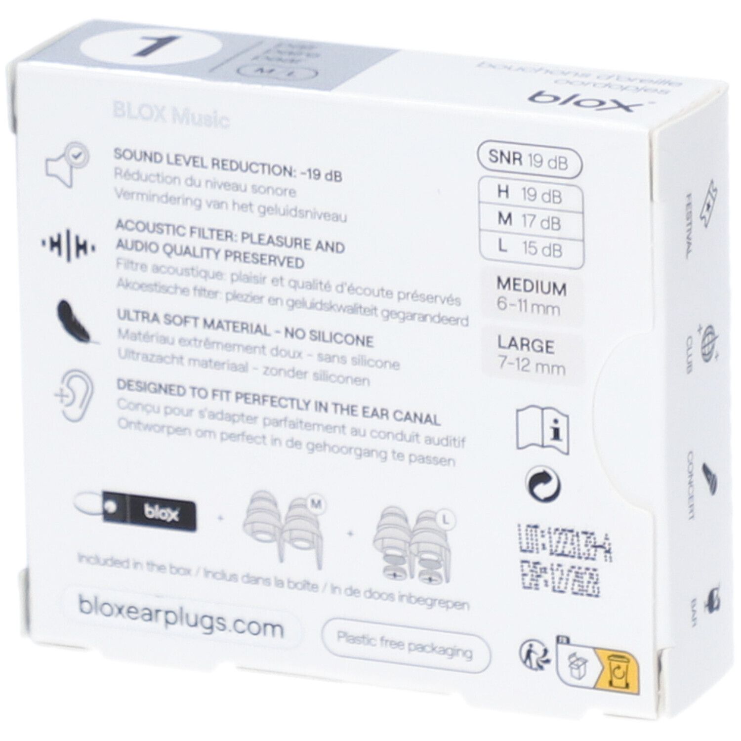 Rückseite der Verpackung. Informationen zu SNR, Größen, Material, und Website. Plastikfreie Verpackung.