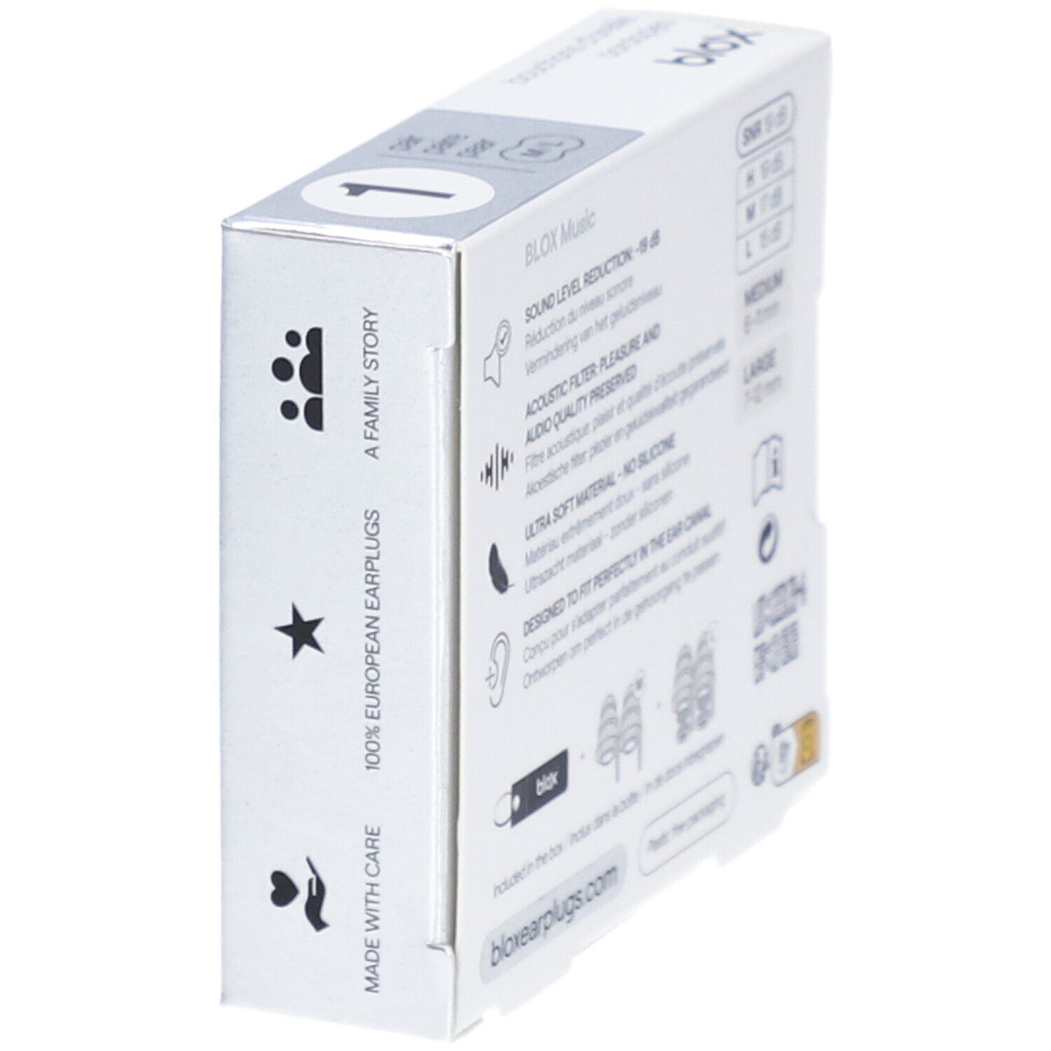 Seite der Verpackung. Informationen zu SNR, Größen, Material, und Website. Plastikfreie Verpackung.