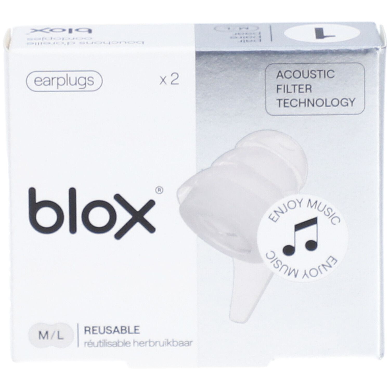 Verpackung mit zwei transparenten Ohrstöpseln. Marke: blox. Größe L, wiederverwendbar. Akustikfilter-Technologie.
