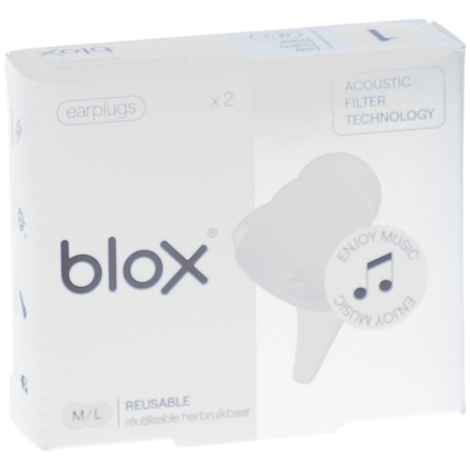 Verpackung mit zwei transparenten Ohrstöpseln. Marke: blox. Größe L, wiederverwendbar. Akustikfilter-Technologie.