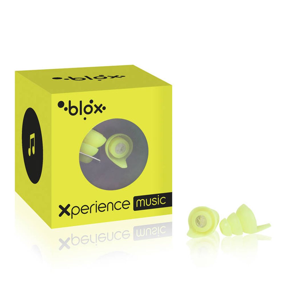 Bouchons d'oreille jaunes fluo et boîte jaune avec logo et texte "xperience music".