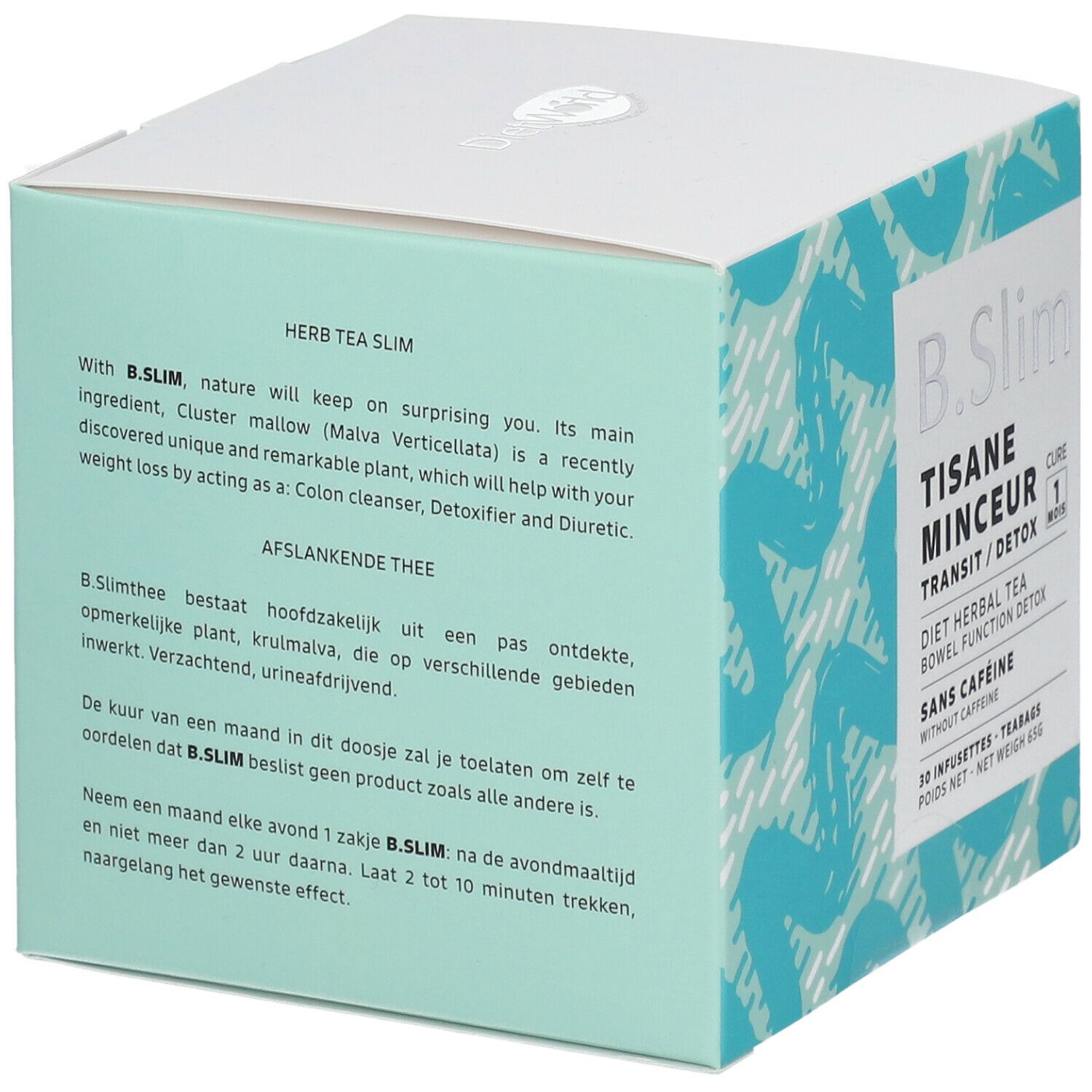 Dos de la boîte B. Slim Tisane Minceur. Texte sur les ingrédients et l'utilisation en plusieurs langues.
