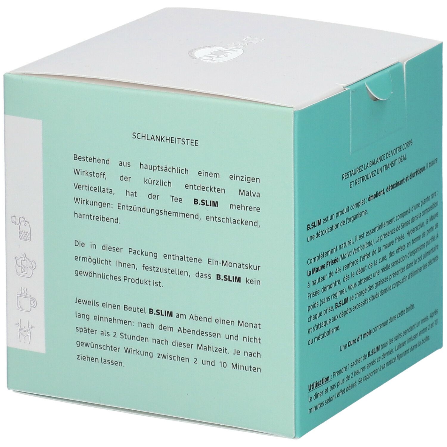 Côté de la boîte B. Slim Tisane Minceur. Texte sur les ingrédients et l'utilisation en plusieurs langues.