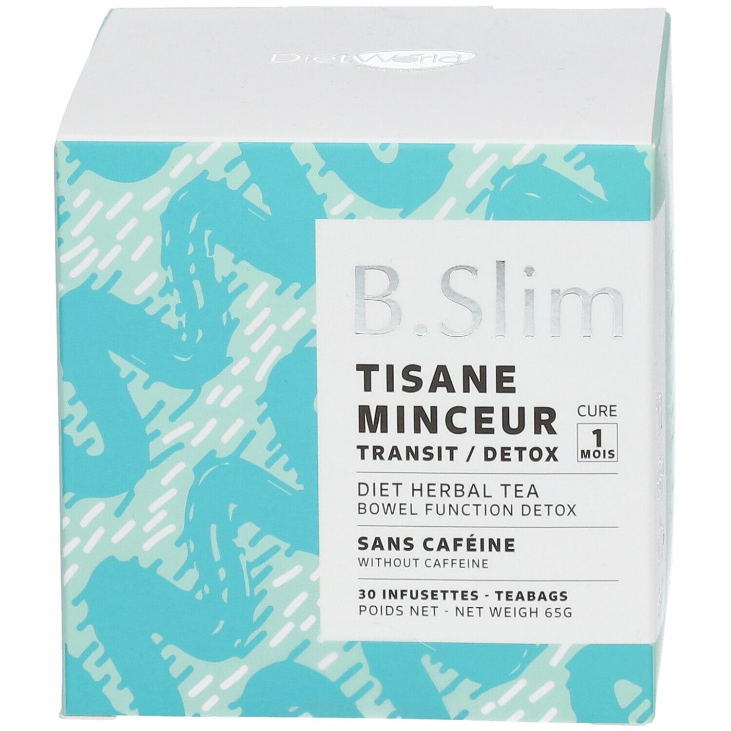 Boîte B. Slim Tisane Minceur. Blanc avec motif turquoise. Nom du produit et informations.