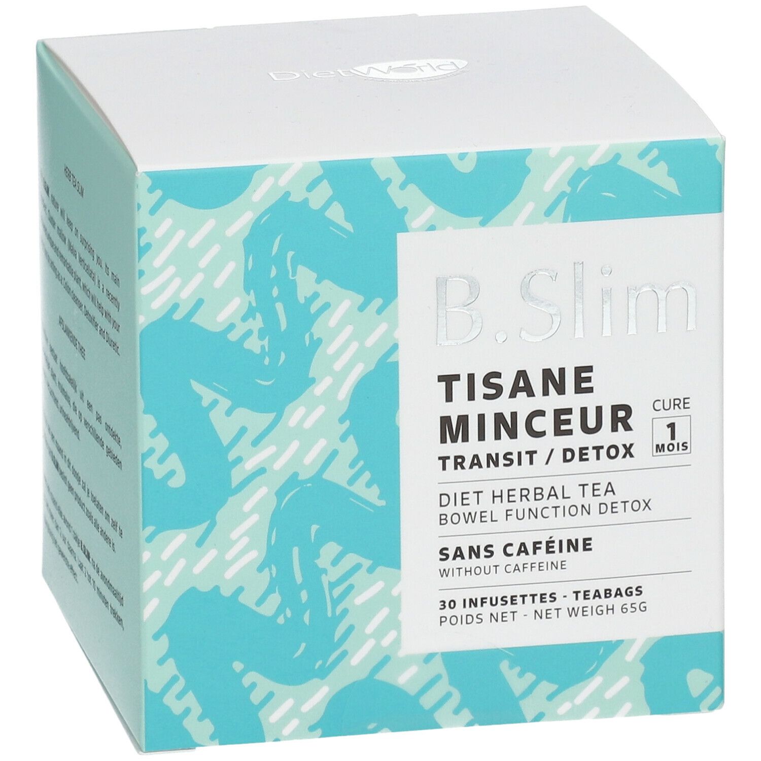 Boîte B. Slim Tisane Minceur. Blanc avec motif turquoise. Nom du produit et informations.