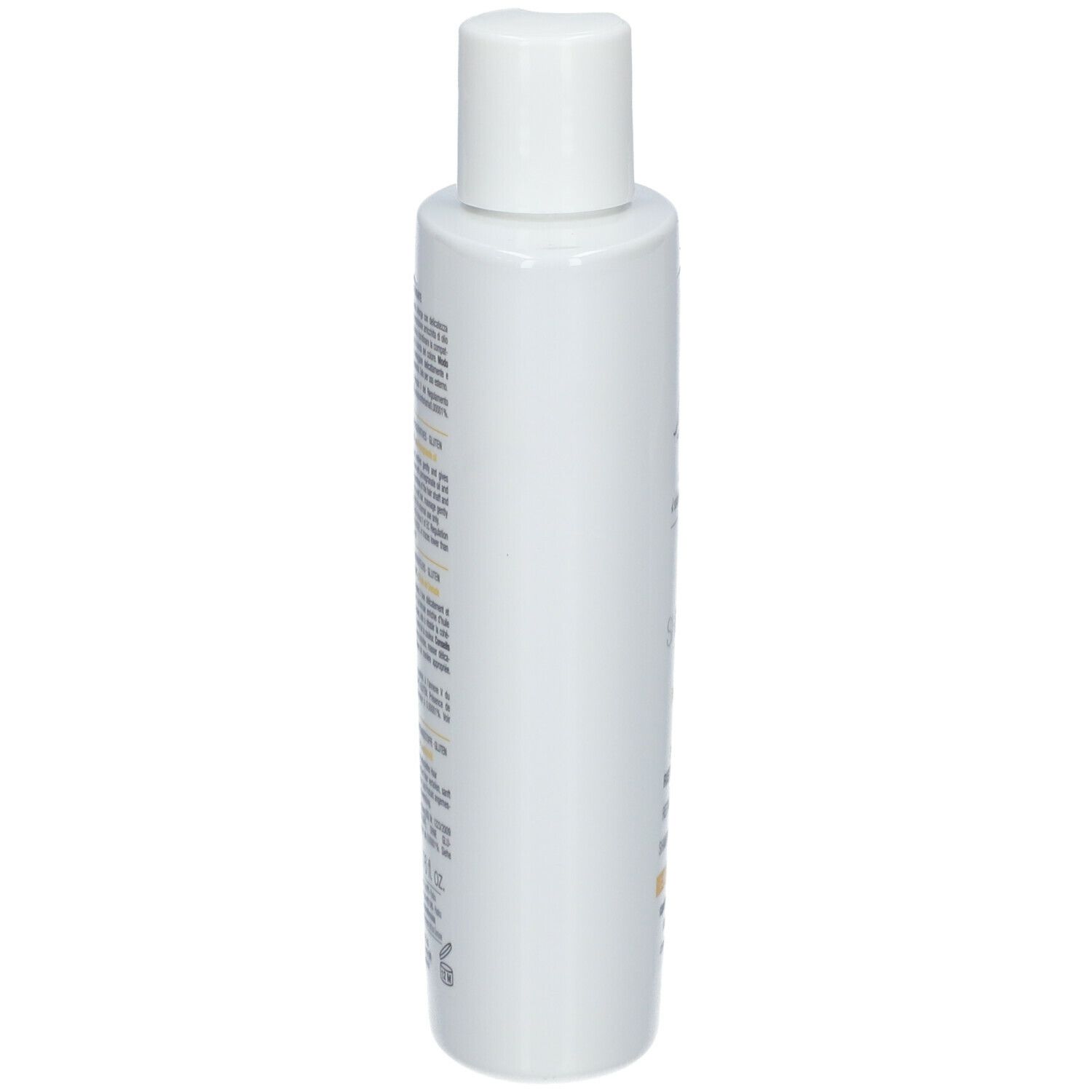Witte shampoo fles, zijaanzicht. Opschrift onleesbaar. Witte dop.