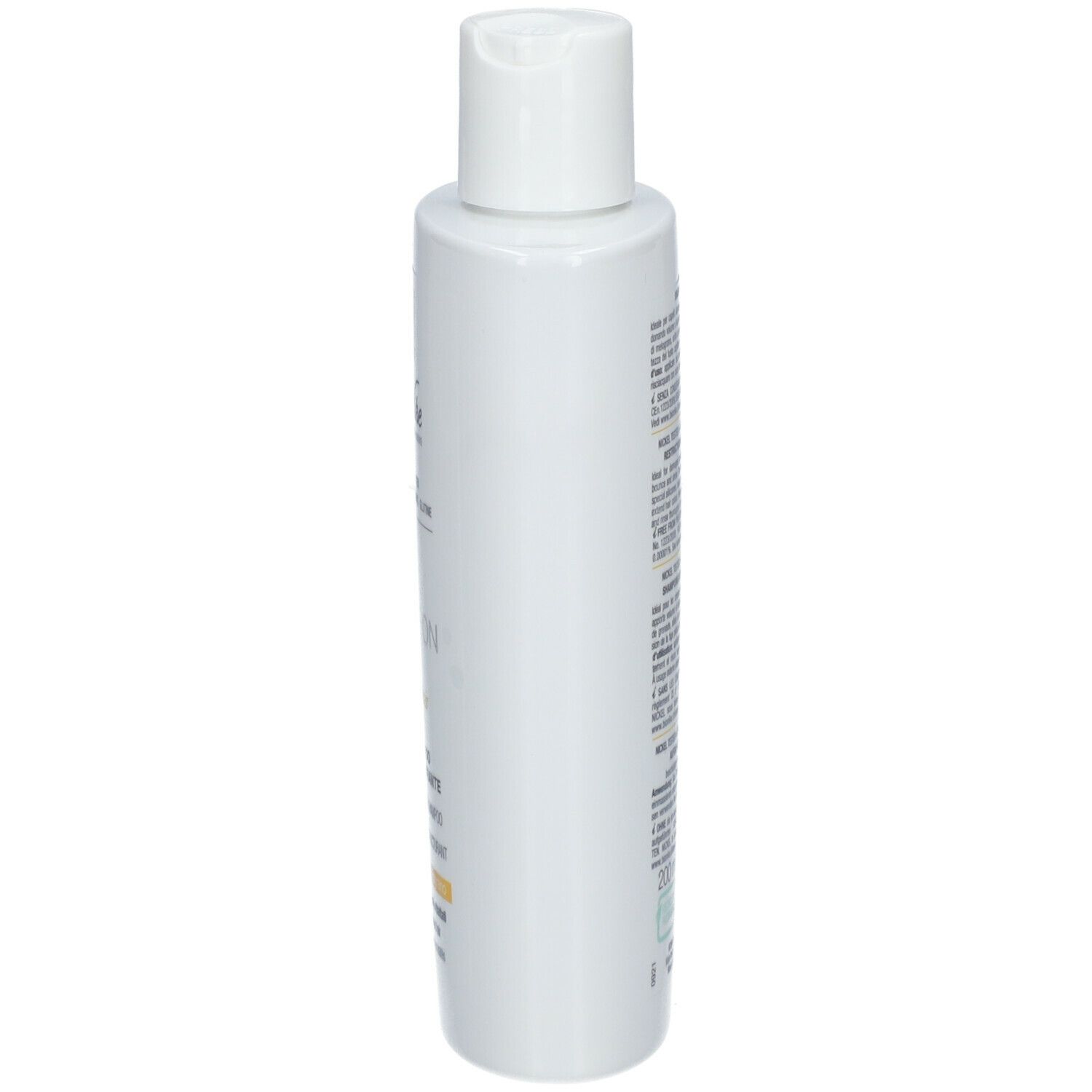 Witte shampoo fles, zijaanzicht. Opschrift onleesbaar. Witte dop.
