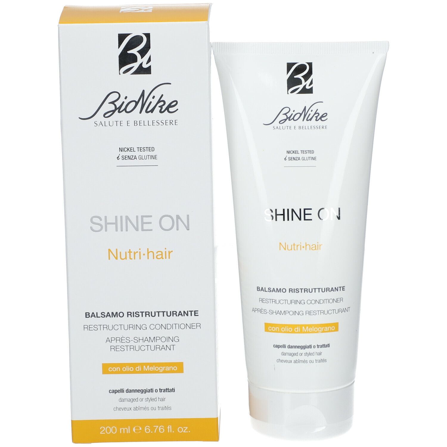 Emballage du produit : tube et boîte. Les deux affichent "BioNike", "SHINE ON Nutri-hair". Boîte avec informations produit.