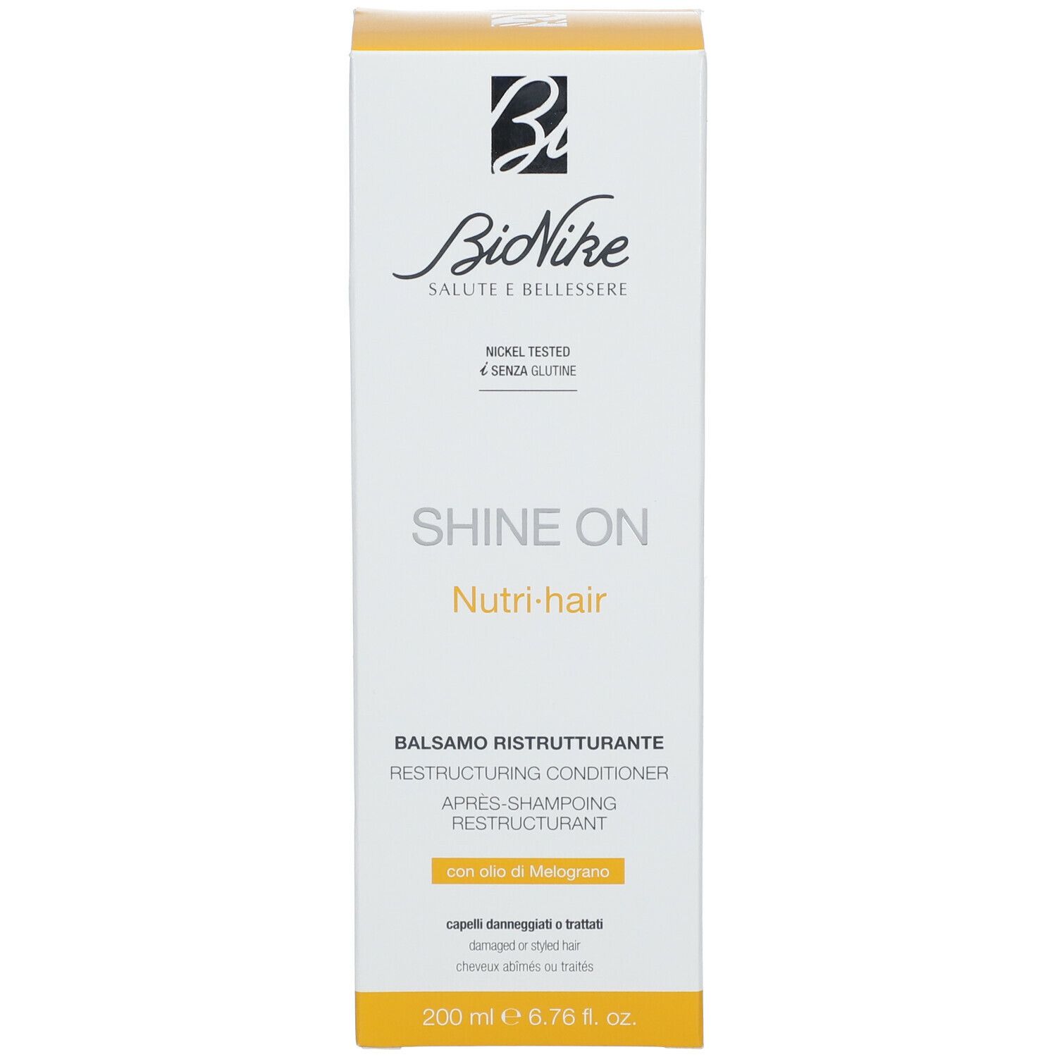 Emballage du produit : boîte avec "BioNike", "SHINE ON Nutri-hair". Contient Balsamo Ristrutturante. 200 ml.